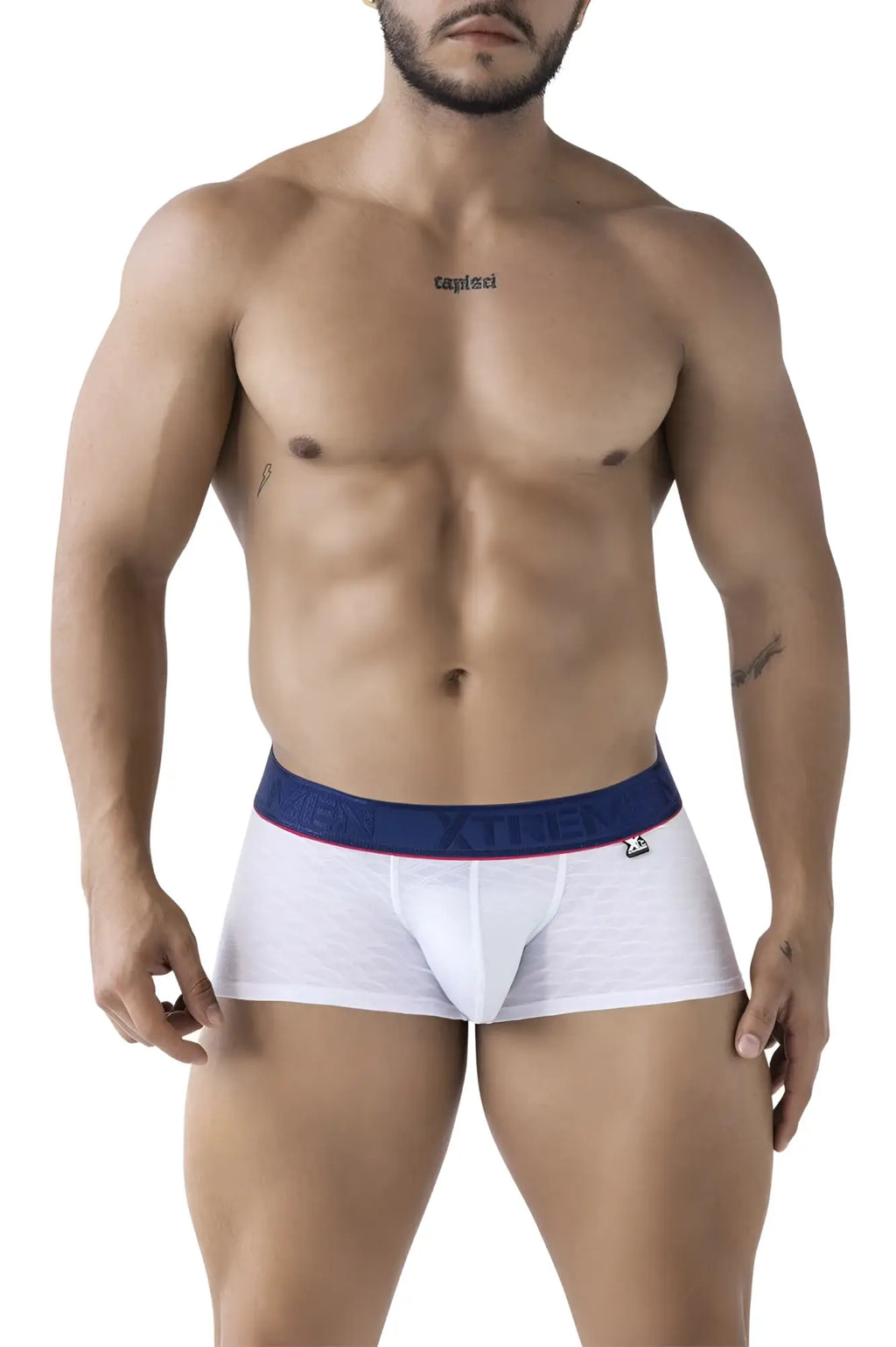White xtremen 91243 microfiber trunks with navy blue waistband and logo on lower right leg in men’s briefs style