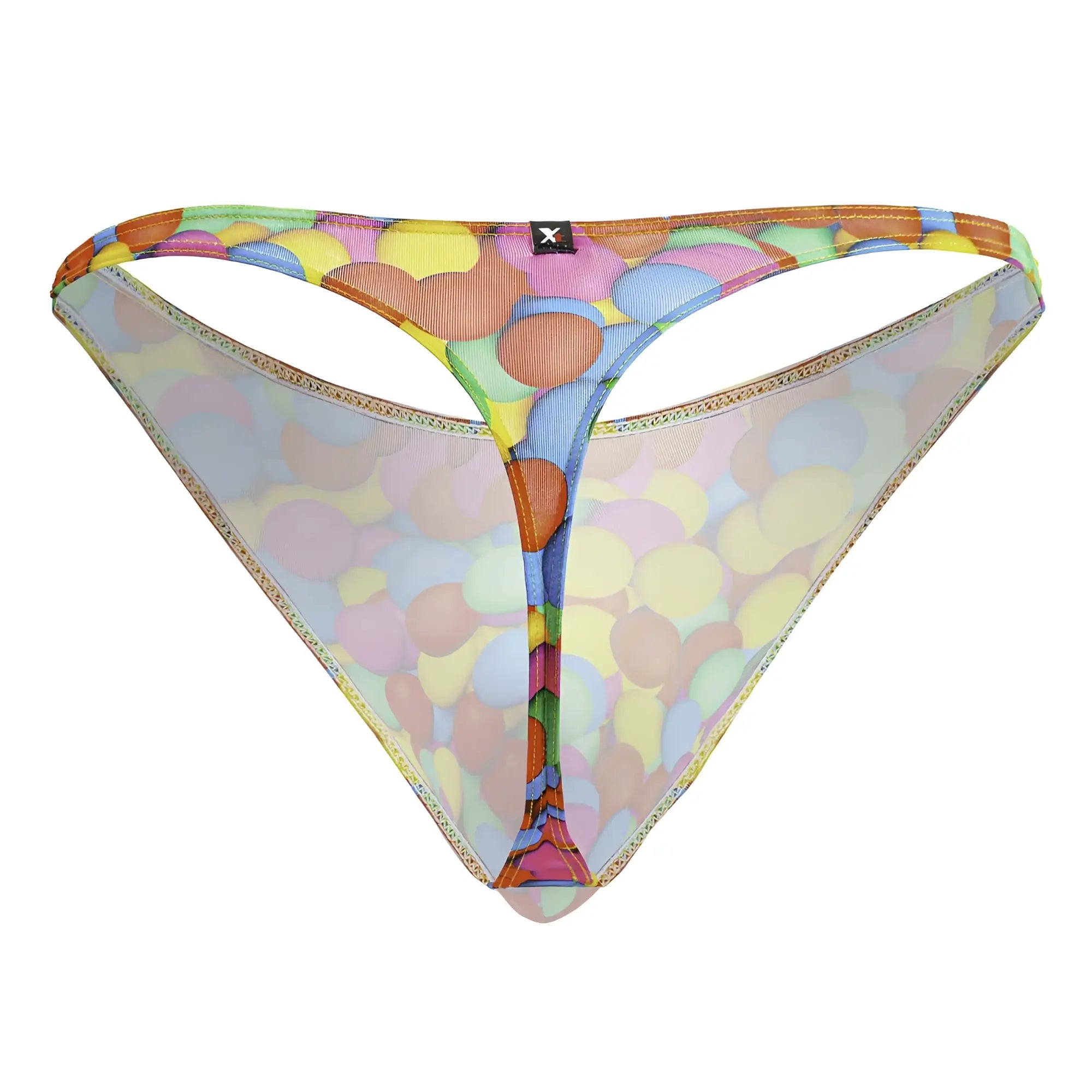 Xtremen 91247 printed thong in colorful bubble balloon mesh with gold trim and small black logo tag