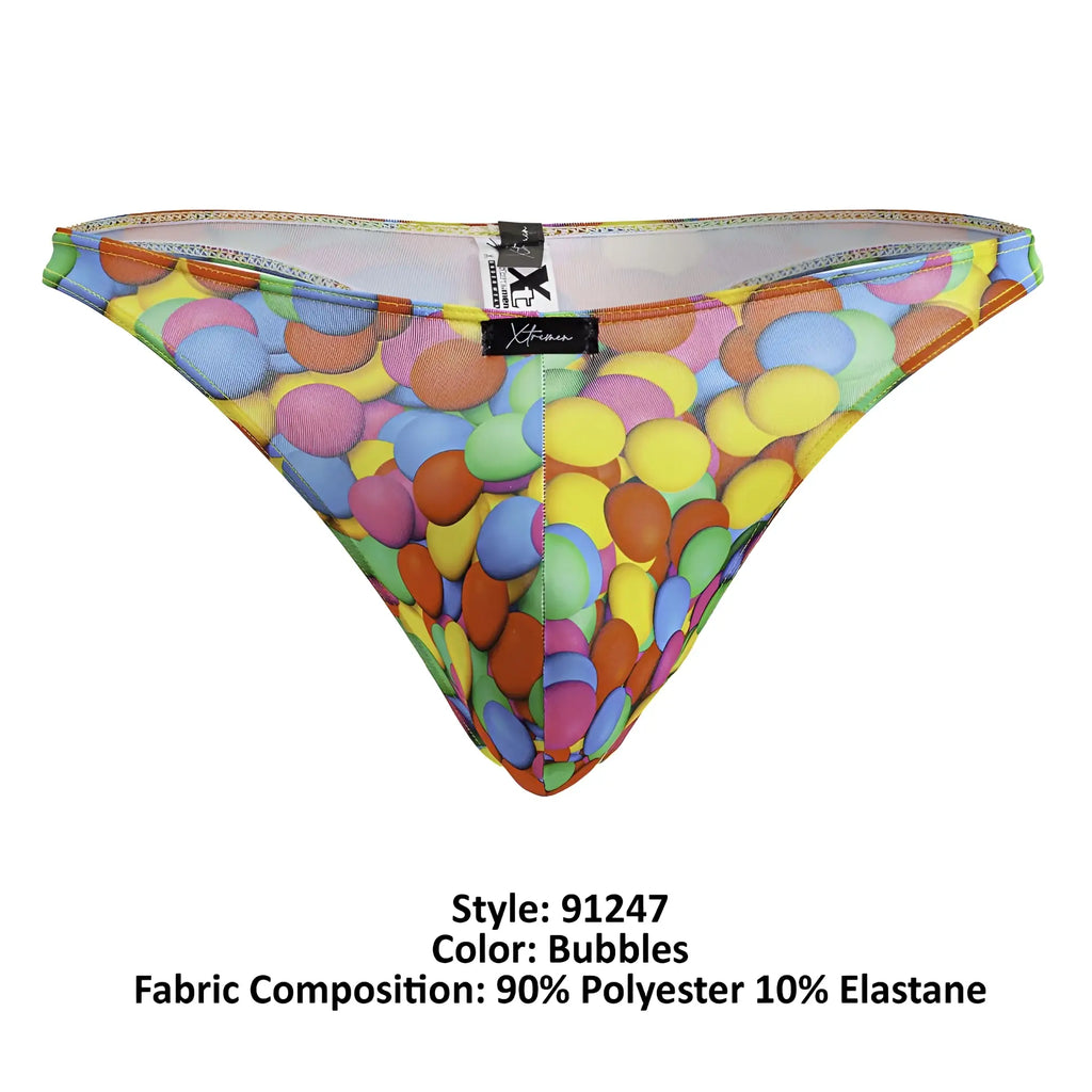 Xtremen 91247 printed thong with colorful bubble pattern made of stretchy polyester and elastane fabric