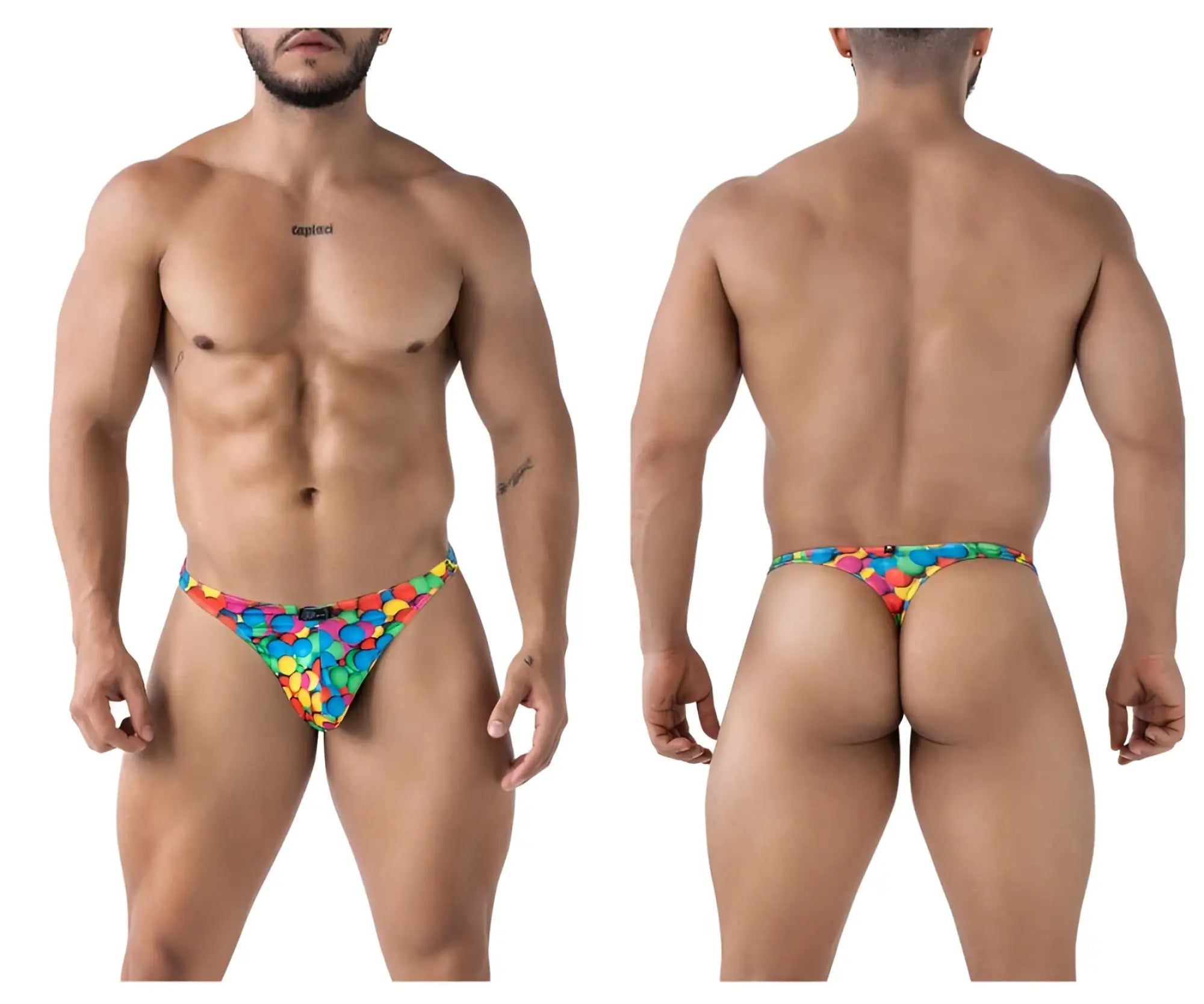 Vibrant rainbow-colored candy-themed printed thong xtremen 91247 color bubbles with playful multicolored pattern
