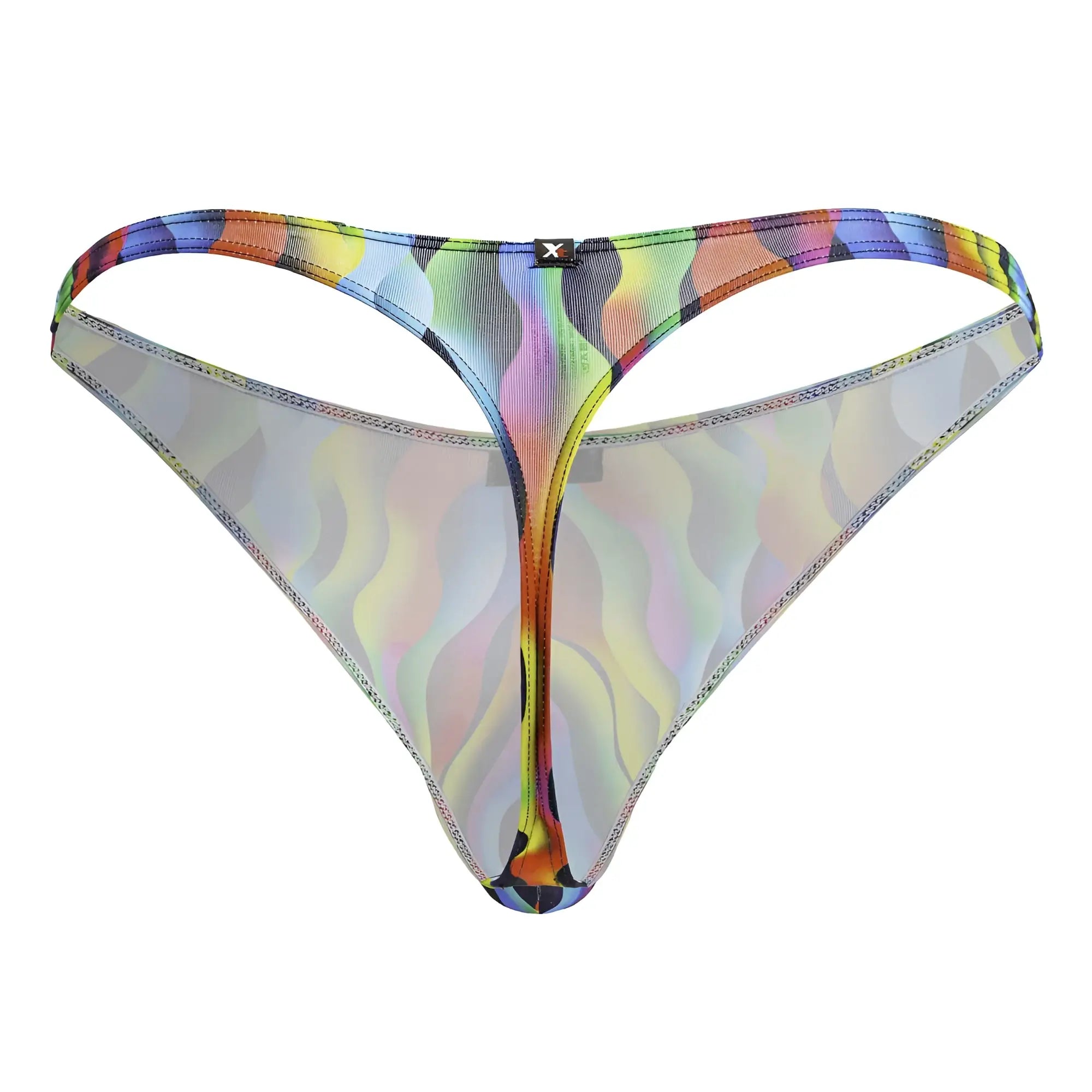 Rainbow holographic xtremen 91247 printed thong with iridescent wave pattern and small black logo on waistband