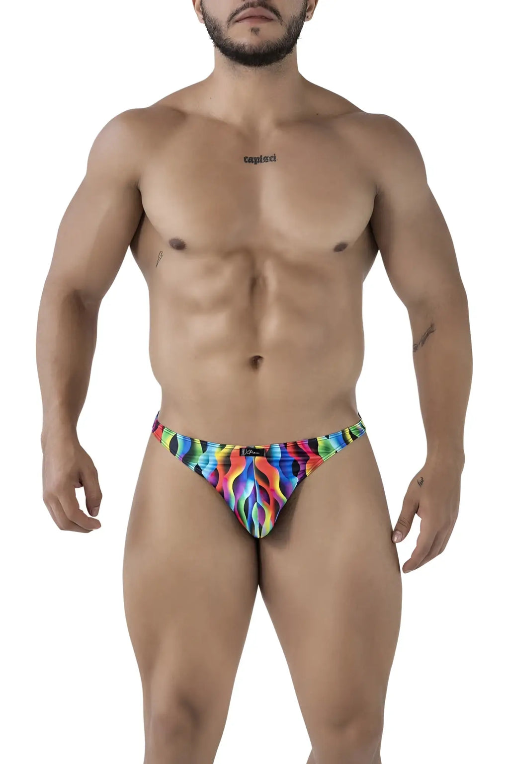 Xtremen 91247 printed thongs color waves vibrant rainbow flame pattern men’s briefs in stretchy form-fitting fabric