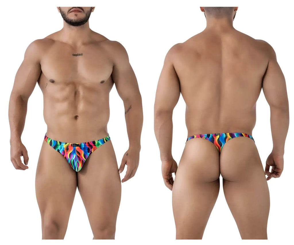 Xtremen 91247 printed thongs color waves vibrant rainbow flame-patterned men’s thong in stretchy fabric back view