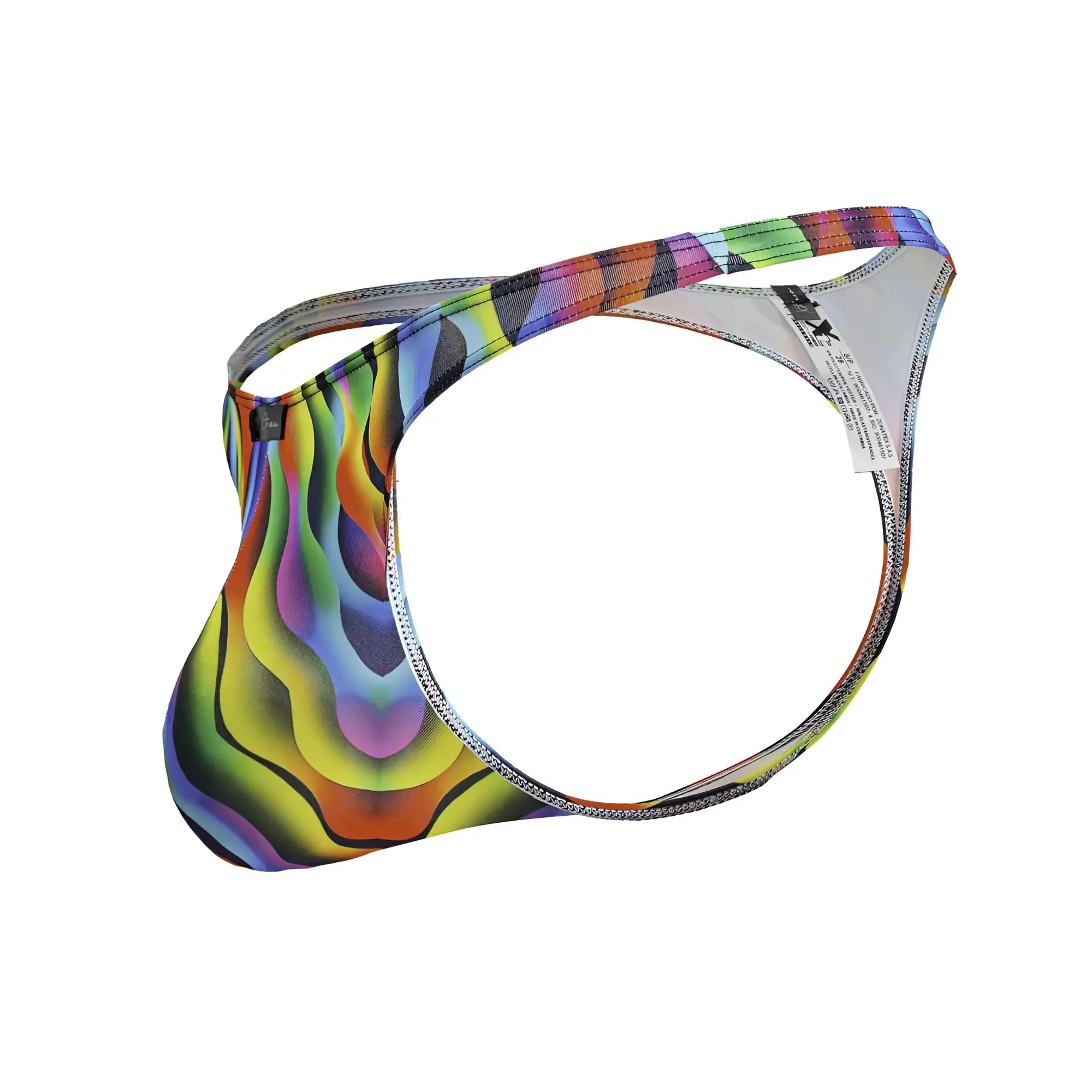 Vibrant rainbow wave-patterned men’s Xtremen 91247 printed thong in stretchy fabric with sleek modern design