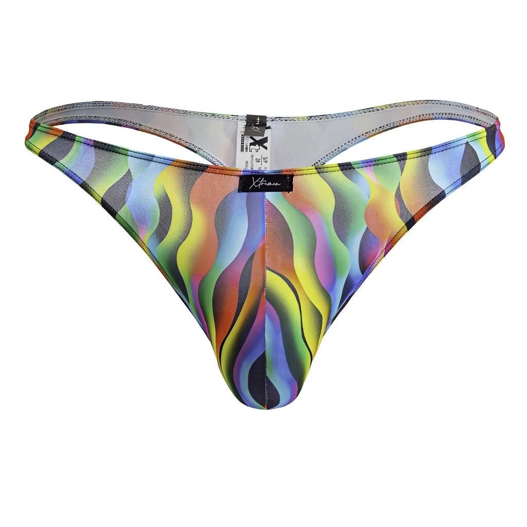 Vibrant rainbow wave-patterned stretchy fabric thong with branded xtremen label from color waves collection