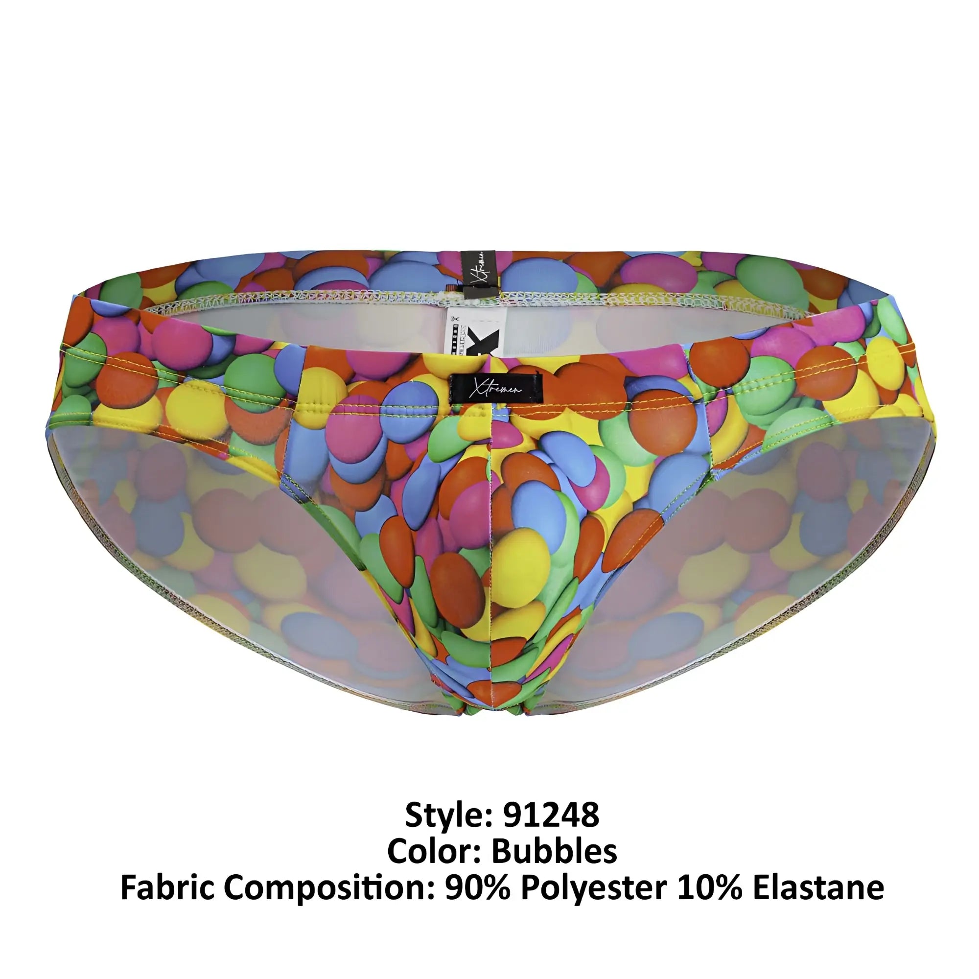 Vibrant multicolored bubble patterned xtremen 91248 printed men’s briefs in stretchy polyester elastane blend