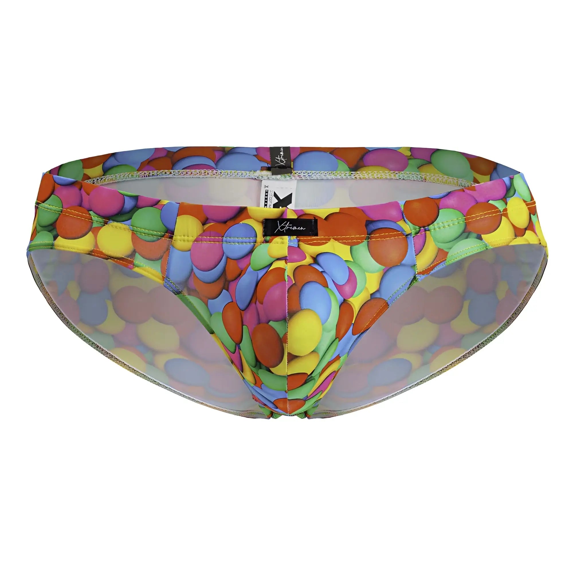 Xtremen 91248 printed briefs featuring vibrant multicolored candy-themed circles in pink yellow blue green and orange
