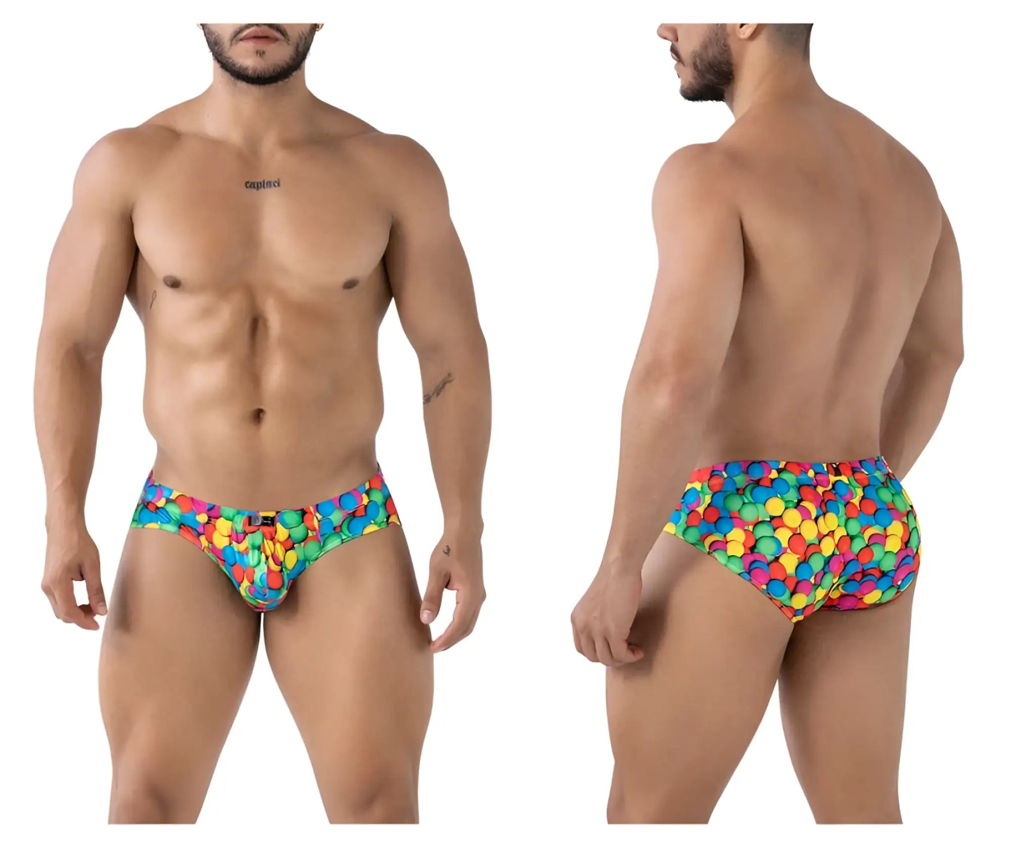 Xtremen 91248 printed briefs featuring vibrant multicolored swim trunks with a playful rainbow circle pattern