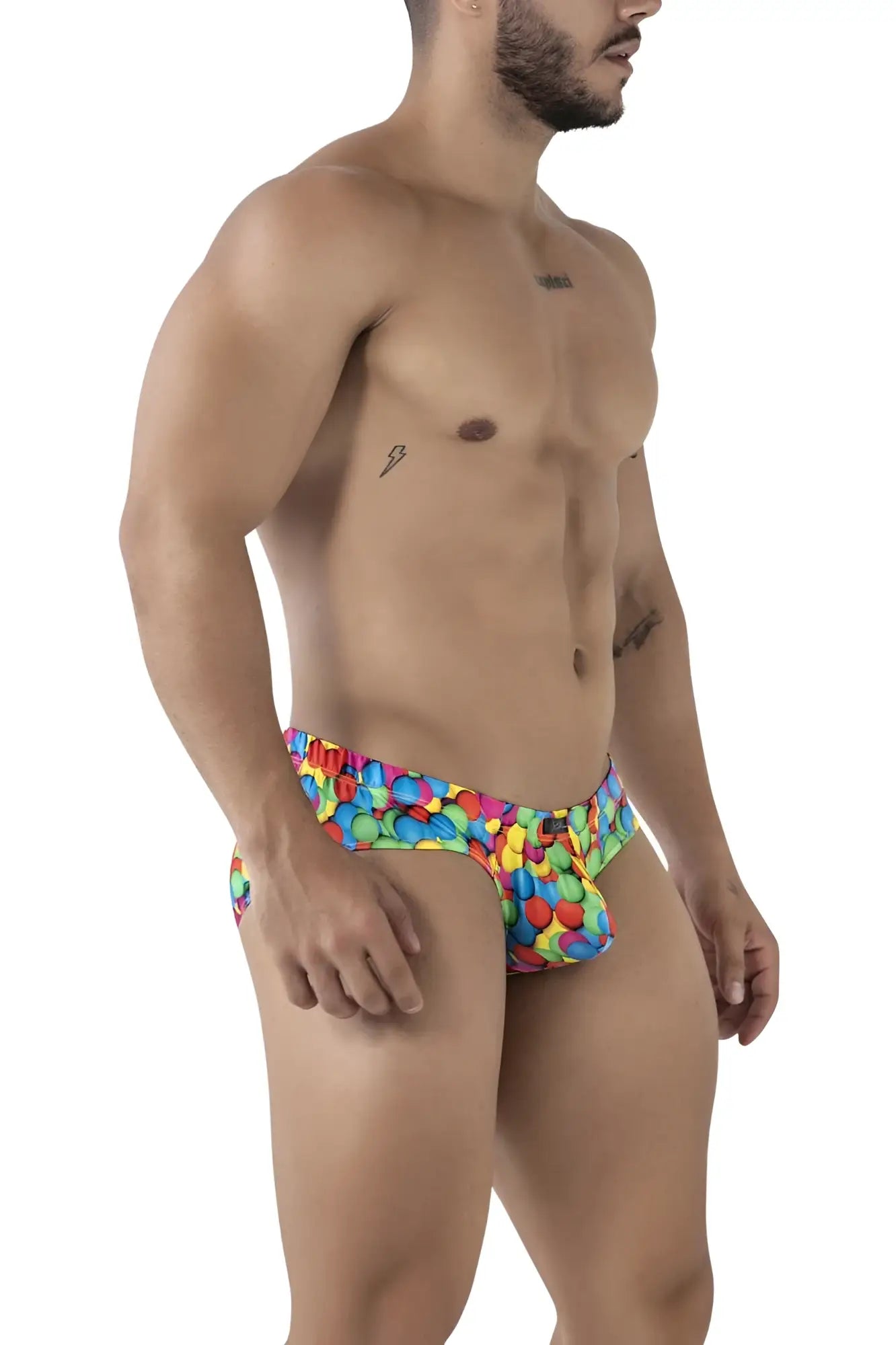 Vibrant rainbow-colored Xtremen 91248 printed briefs with a multicolored gumball pattern for swimwear use
