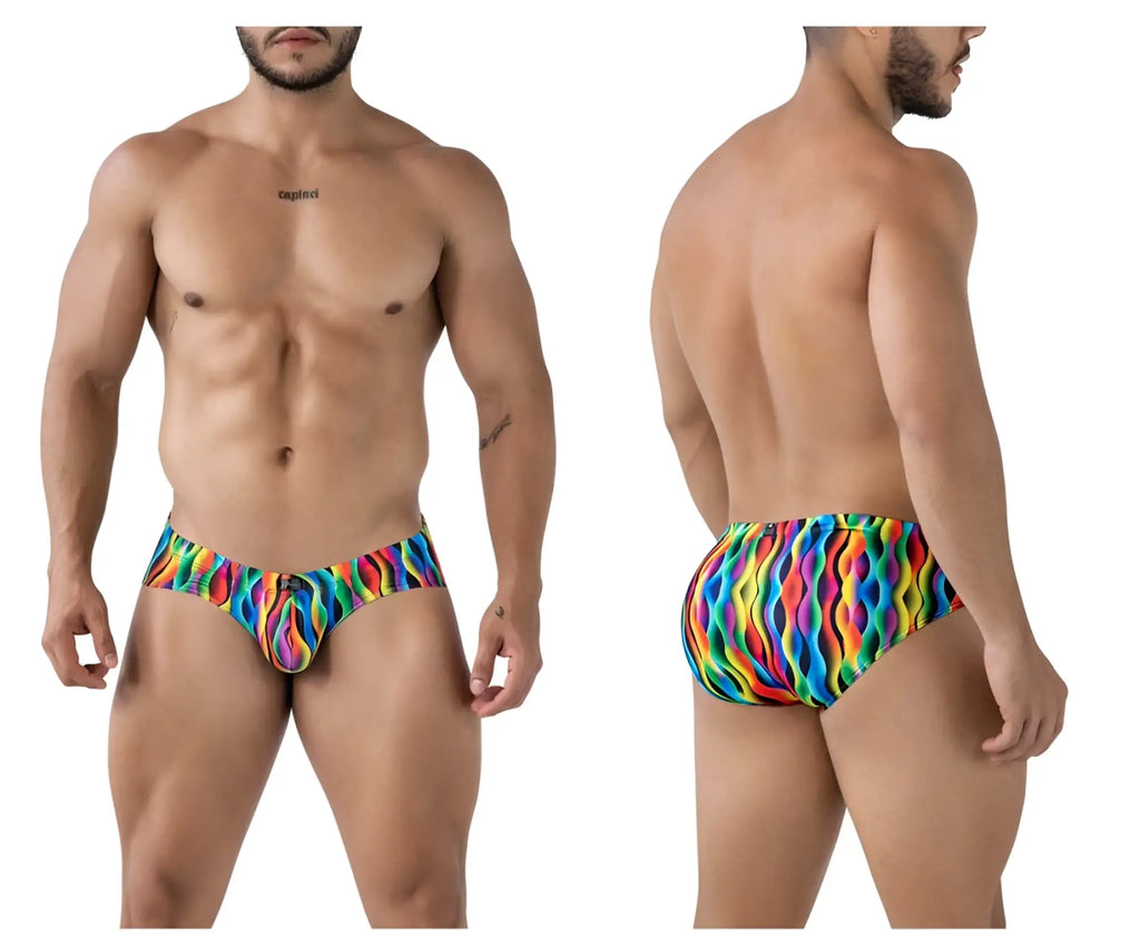 Vibrant rainbow wave-patterned xtremen 91248 printed briefs colorful men’s swim trunks for beach and pool use