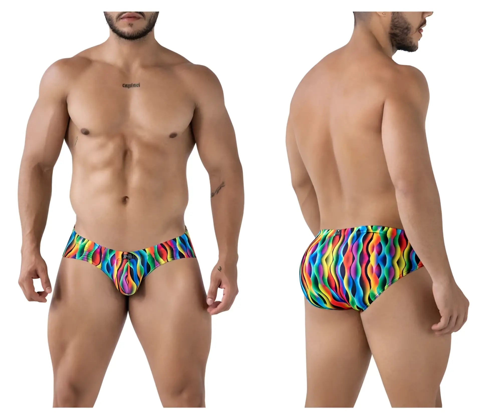 Vibrant rainbow wave-patterned xtremen 91248 printed briefs colorful men’s swim trunks for beach and pool use