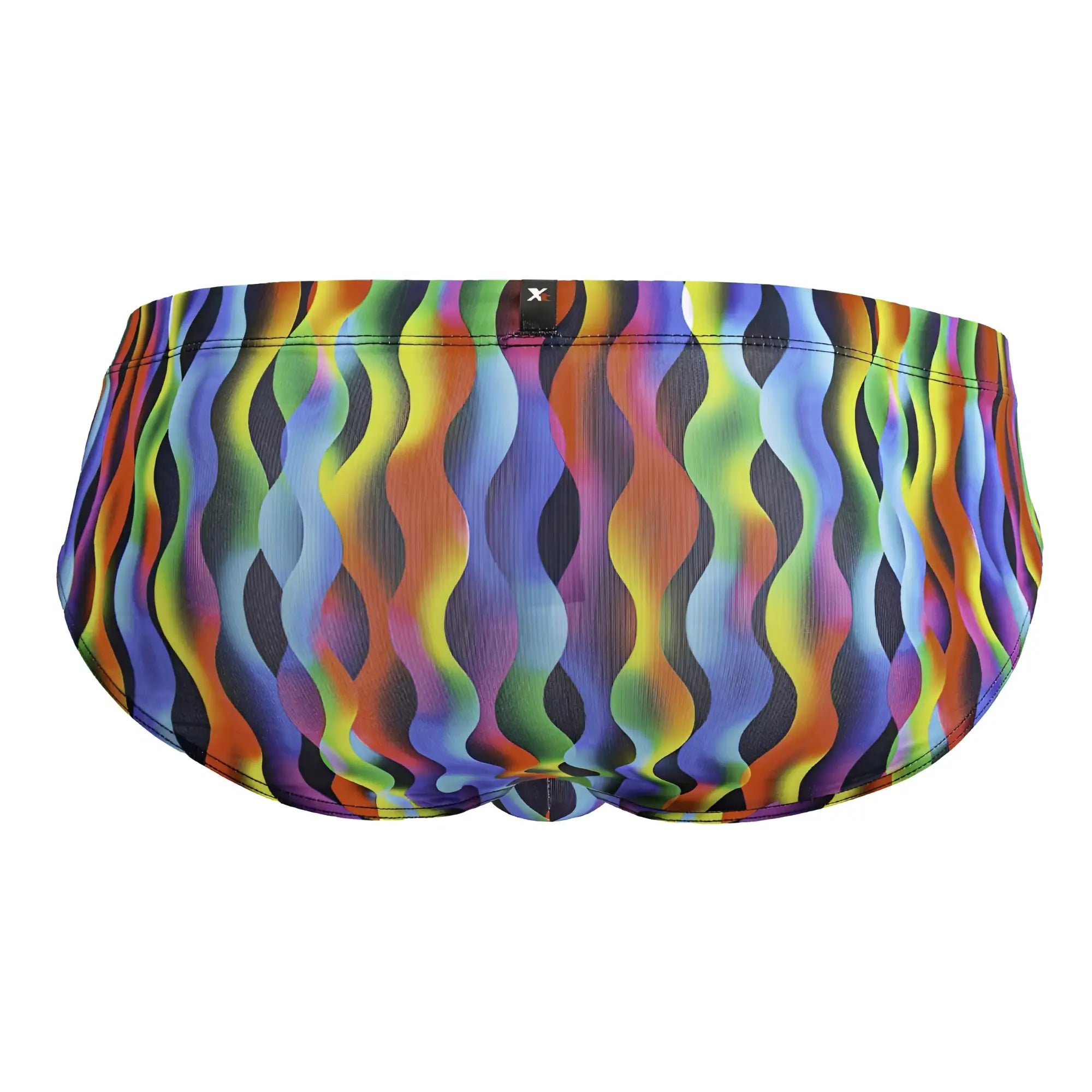 Xtremen 91248 printed briefs with vibrant rainbow wavy pattern swim trunks and black elastic waistband with x brand tag