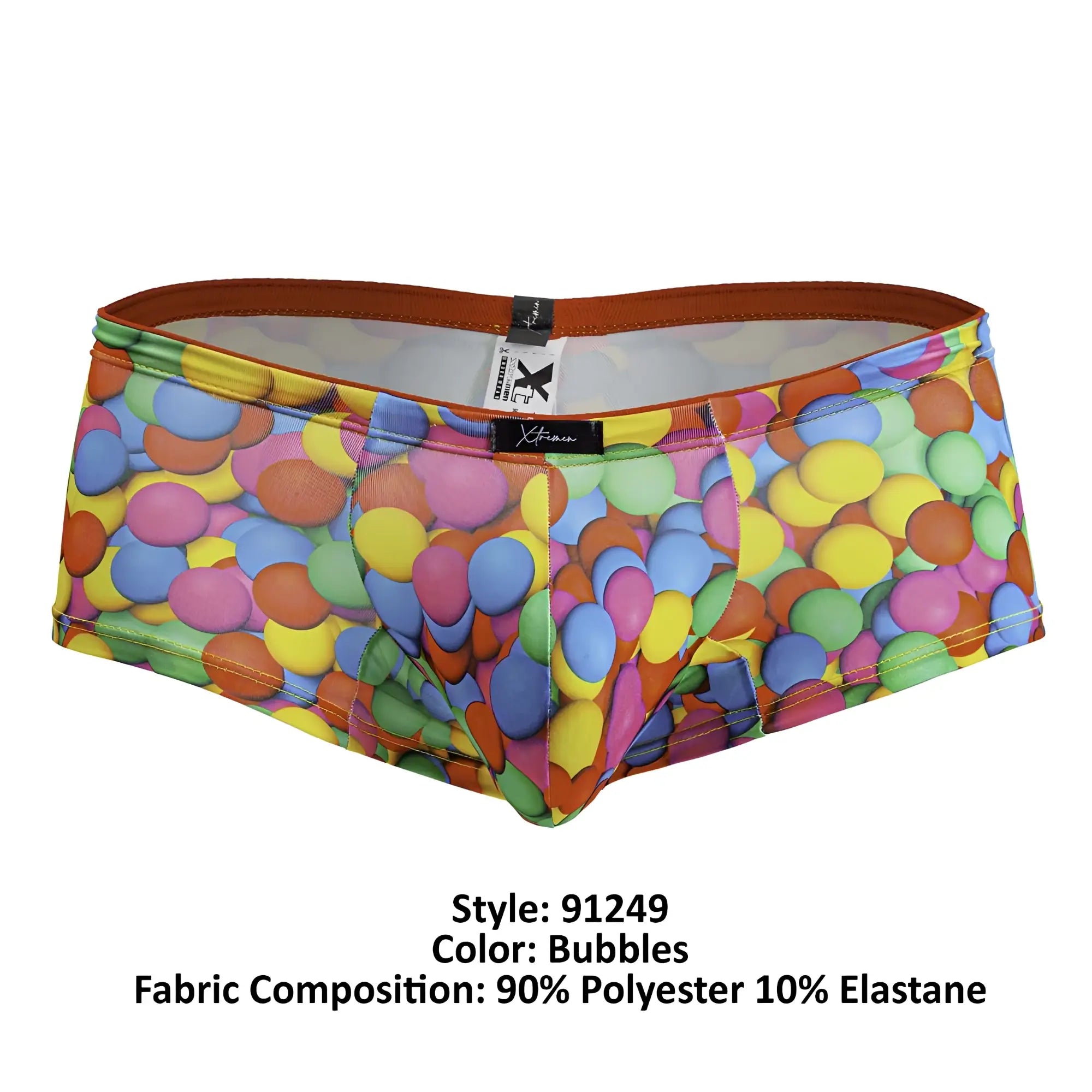 Xtremen 91249 printed trunks colorful bubble-themed men’s briefs with vibrant multicolored pattern and orange waistband
