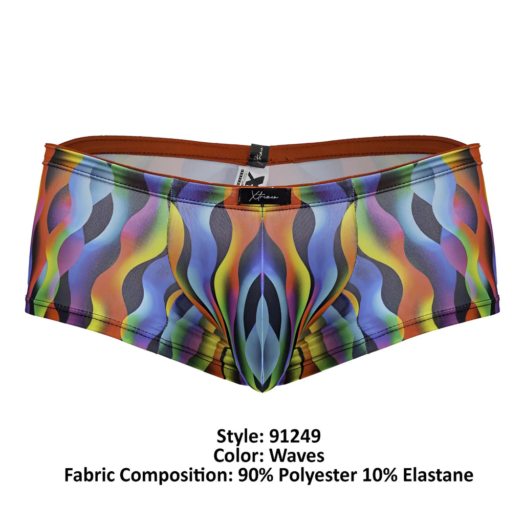 Xtremen 91249 printed trunks vibrant rainbow wave patterned men’s briefs with orange waistband in polyester elastane blend