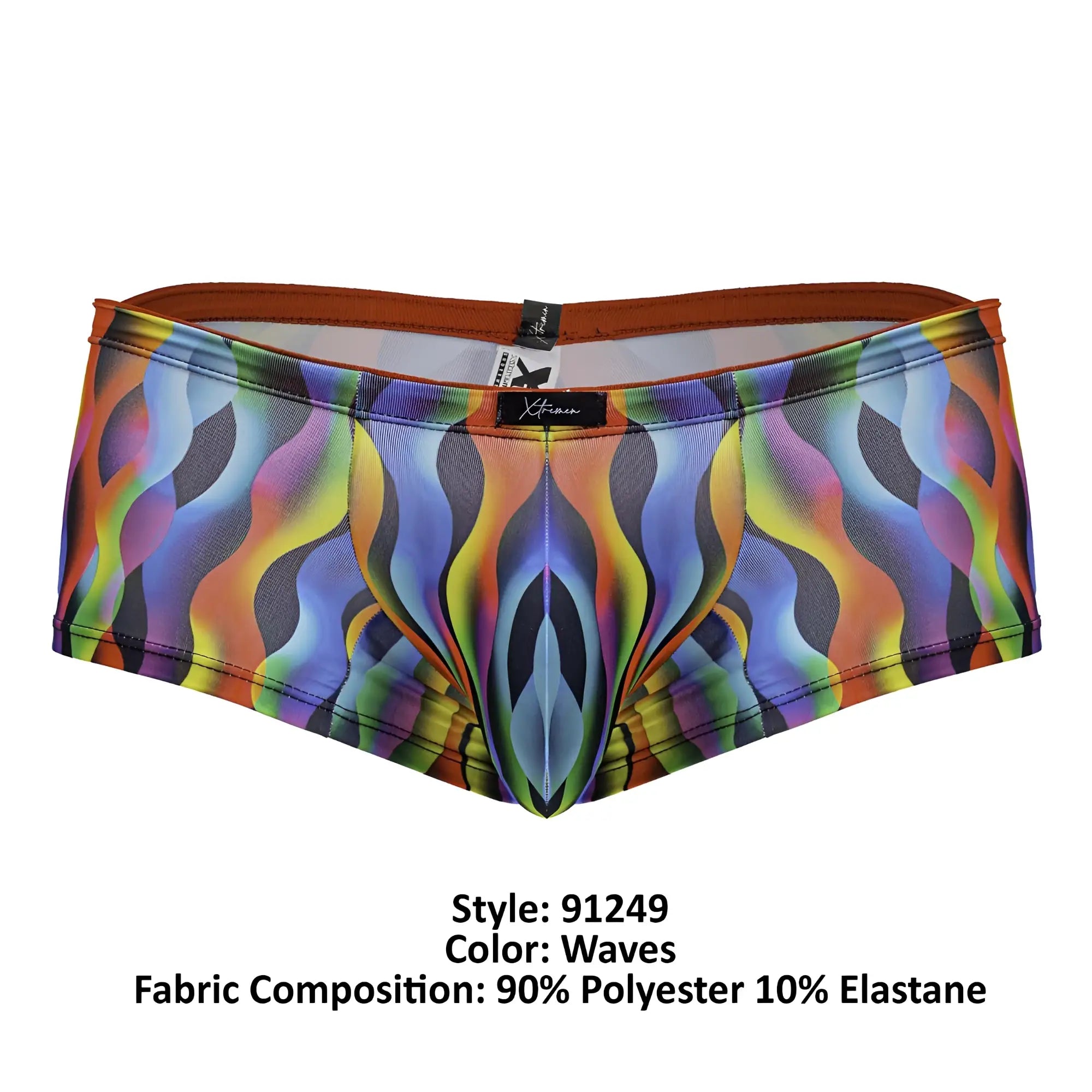 Xtremen 91249 printed trunks vibrant rainbow wave patterned men’s briefs with orange waistband in polyester elastane blend