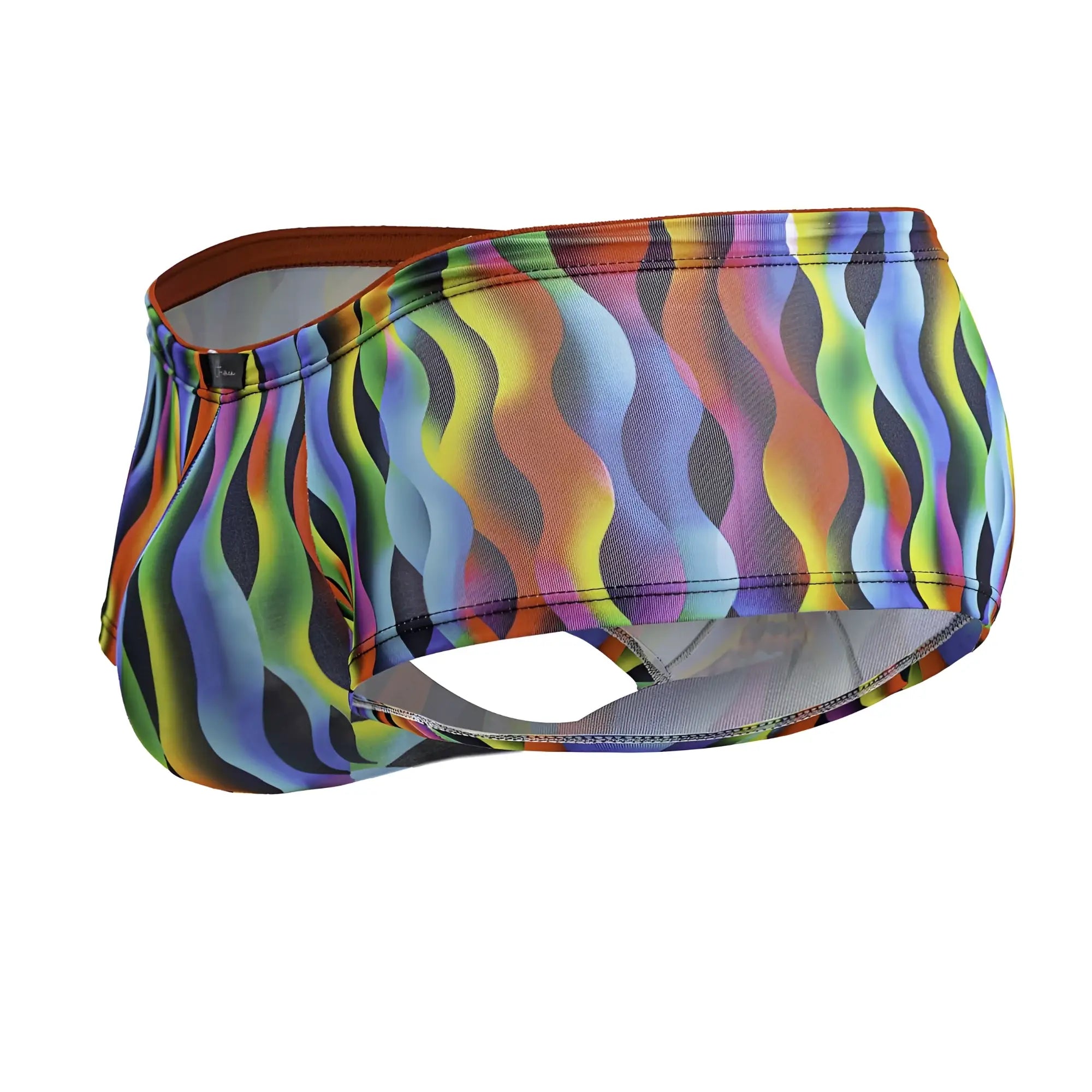 Xtremen 91249 printed trunks in vibrant rainbow wave pattern with stretchy seamless fabric for swim use