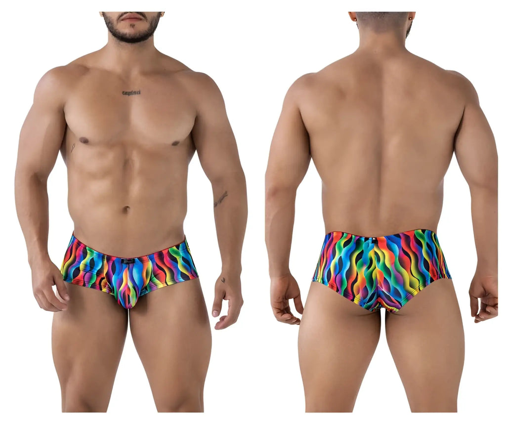 Xtremen 91249 printed trunks color waves vibrant rainbow wave-patterned snug form-fitting swim trunks front view