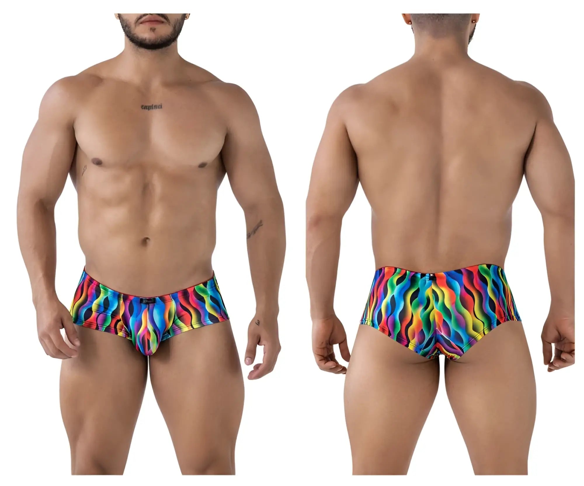 Xtremen 91249 printed trunks color waves vibrant rainbow wave-patterned snug form-fitting swim trunks front view