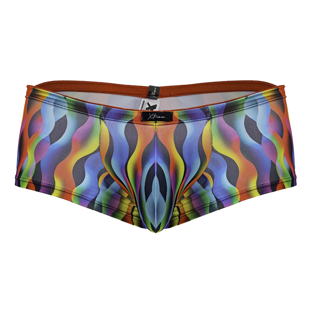 Vibrant rainbow wave-patterned xtrmn men’s briefs with brown elastic waistband from Xtremen 91249 printed trunks color waves