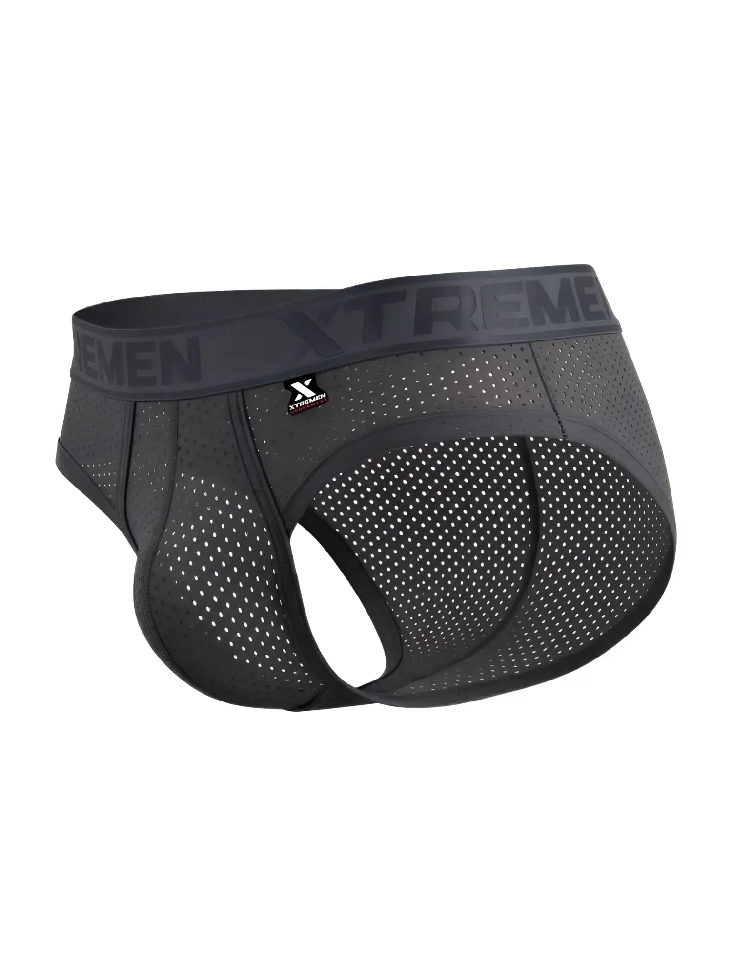 Black mesh microfiber athletic briefs in gray with xtreme branding on the waistband front view