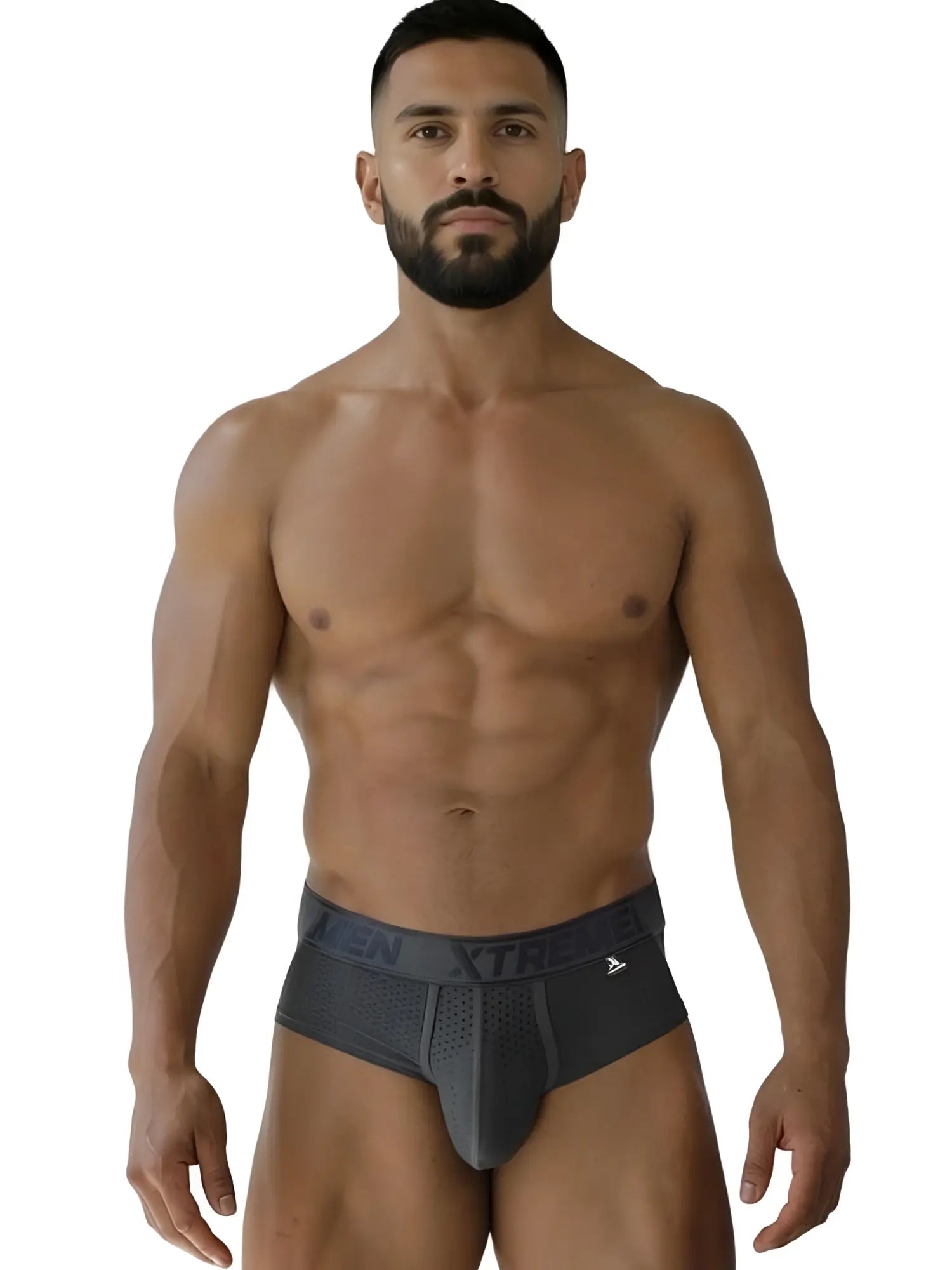 Dark gray xtremen 91250 microfiber mesh briefs with perforated front panel and xtreme waistband branding