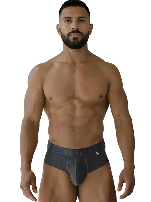 Dark gray xtremen 91250 microfiber mesh briefs with perforated front panel and xtreme waistband branding