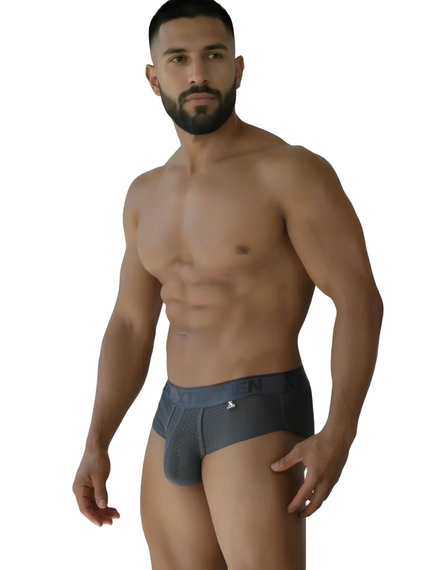 Dark gray xtremen 91250 microfiber mesh men’s briefs with subtle logo on waistband showing front view