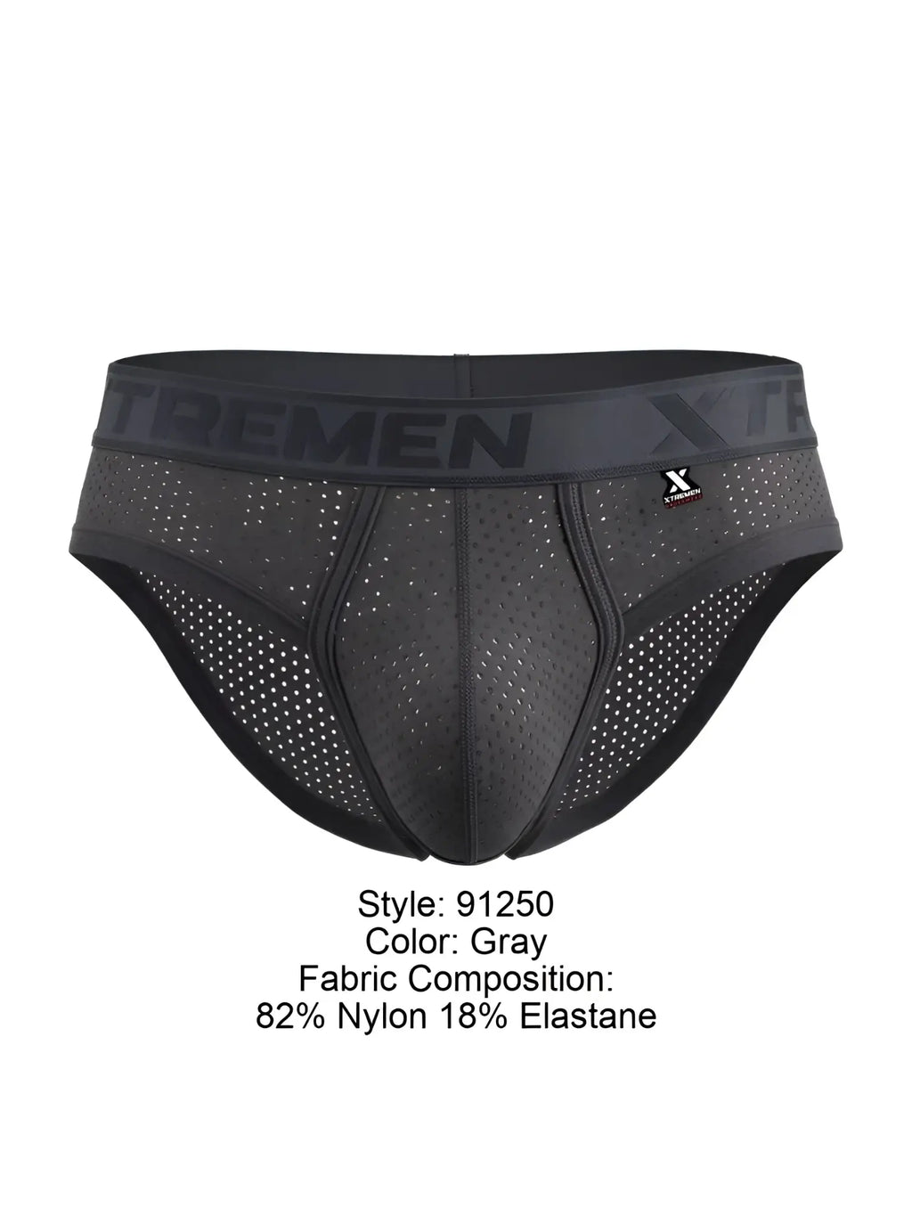 Gray xtremen 91250 microfiber mesh briefs with perforated design and black elastic waistband featuring trememen logo