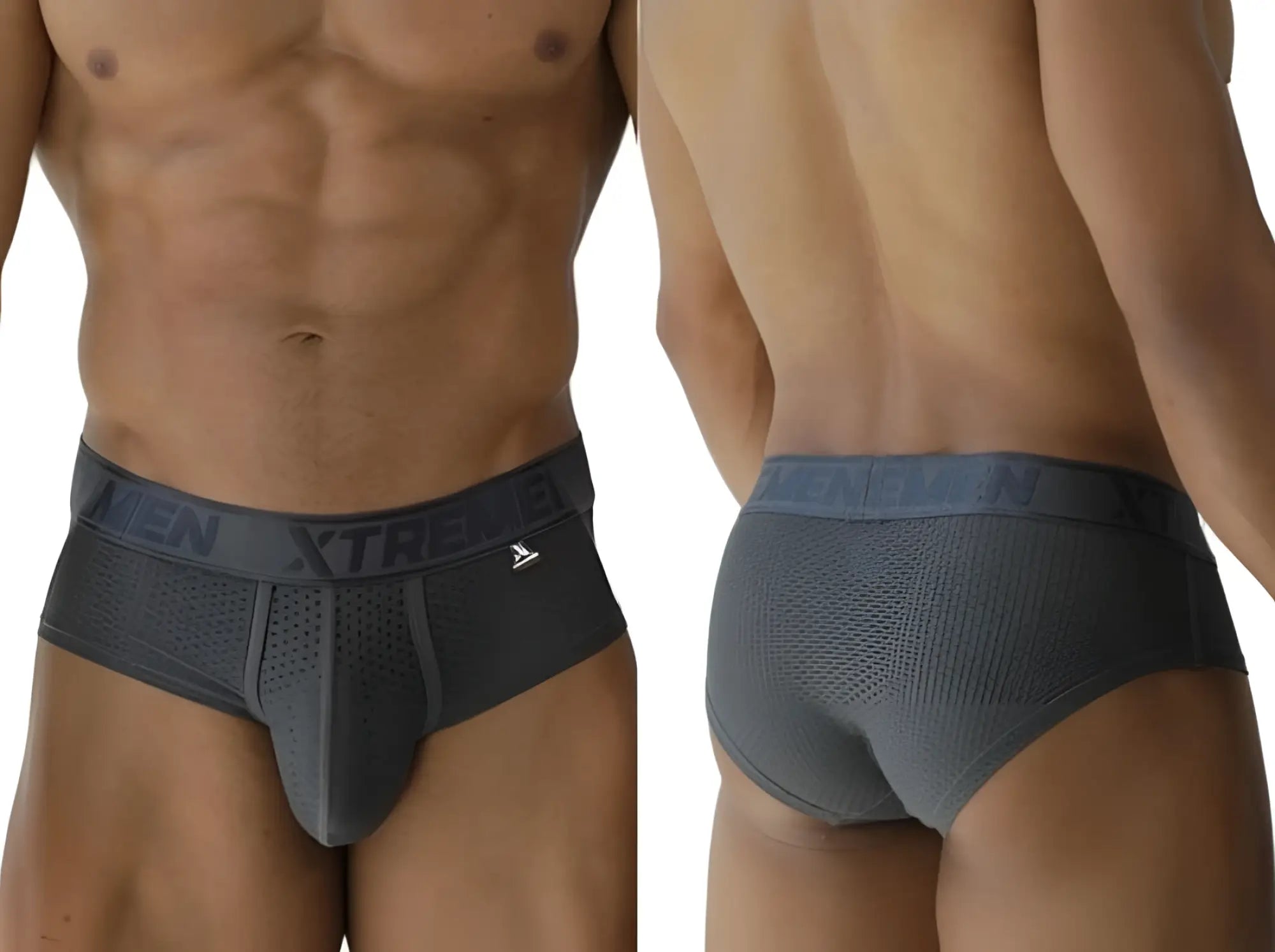 Gray xtremen 91250 microfiber mesh briefs with textured fabric and elastic waistband featuring xtreme brand name