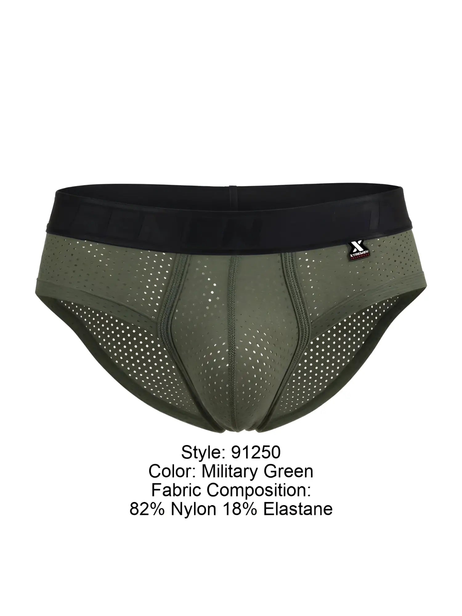 Military green xtremen 91250 microfiber mesh briefs with black elastic waistband and perforated fabric