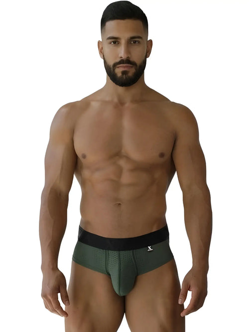 Dark green form-fitting briefs with black waistband and microfiber mesh in military green by Xtremen 91250