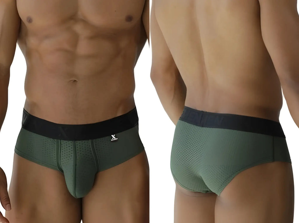Olive green xtremen 91250 microfiber mesh briefs with black waistband and white logo in military green color