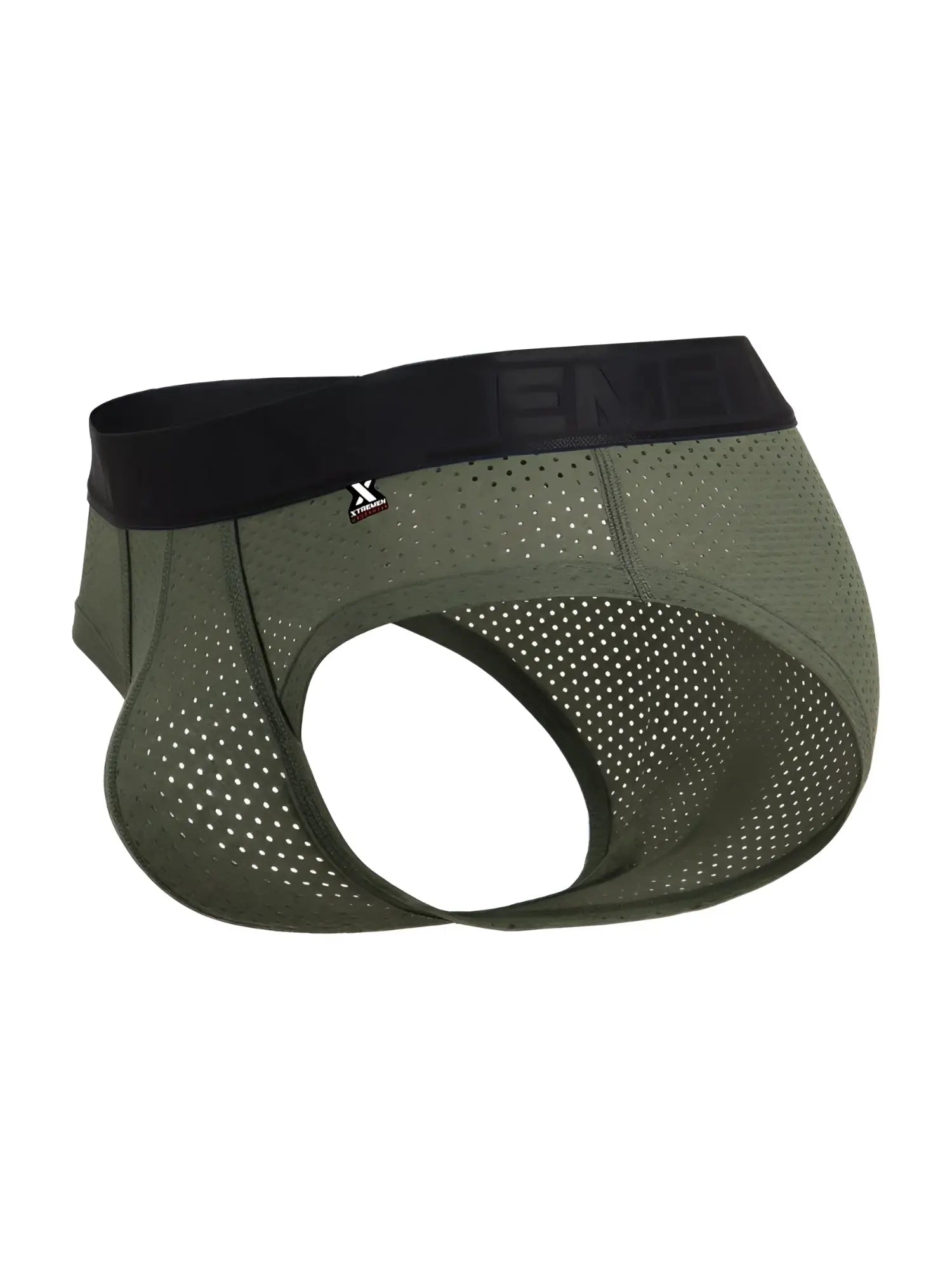 Olive green xtremen 91250 microfiber mesh briefs with perforated fabric and black elastic waistband with brand logo