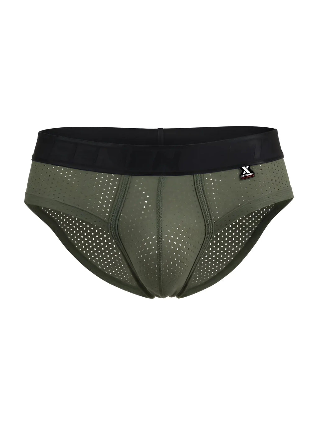 Xtremen 91250 microfiber olive green mesh briefs with perforated fabric and black elastic waistband