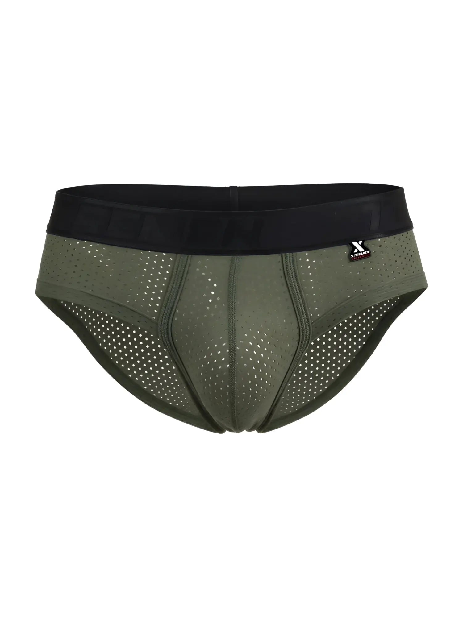 Xtremen 91250 microfiber olive green mesh briefs with perforated fabric and black elastic waistband