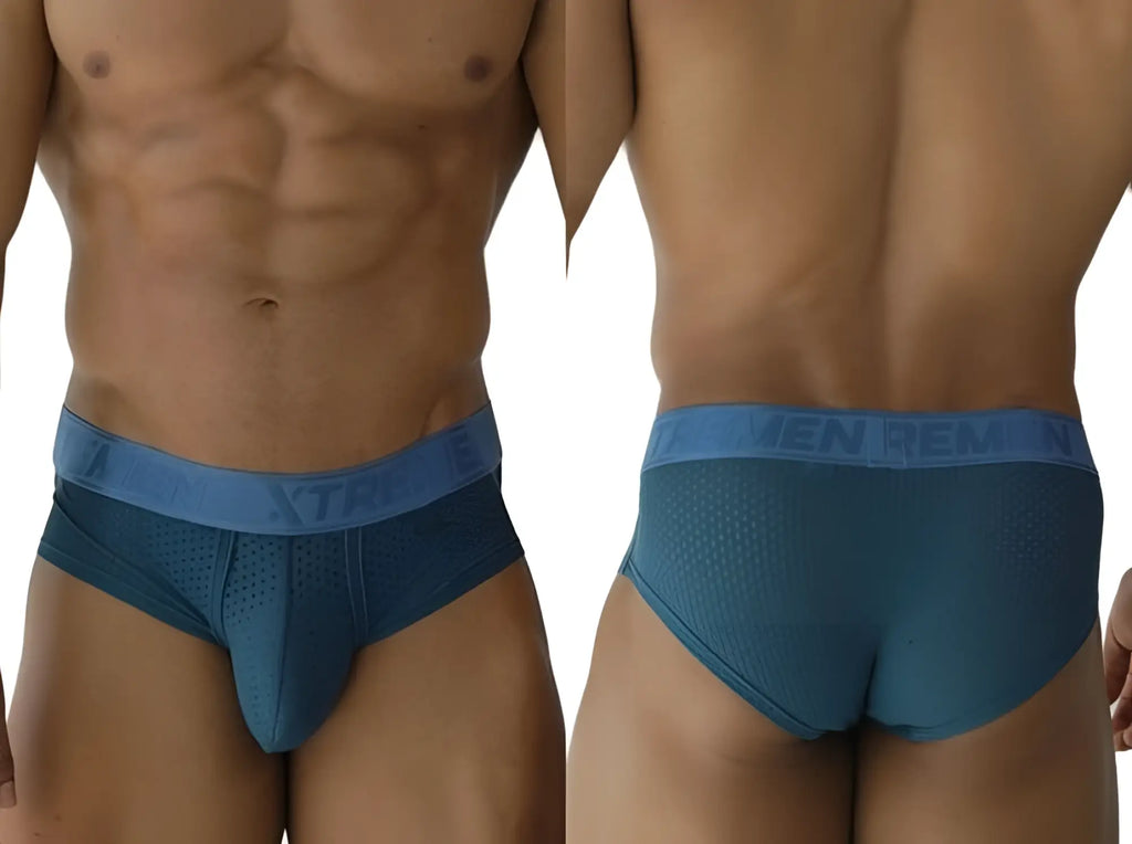 Blue Xtremen 91250 men’s briefs in petrol microfiber mesh with elastic waistband featuring men rem brand name