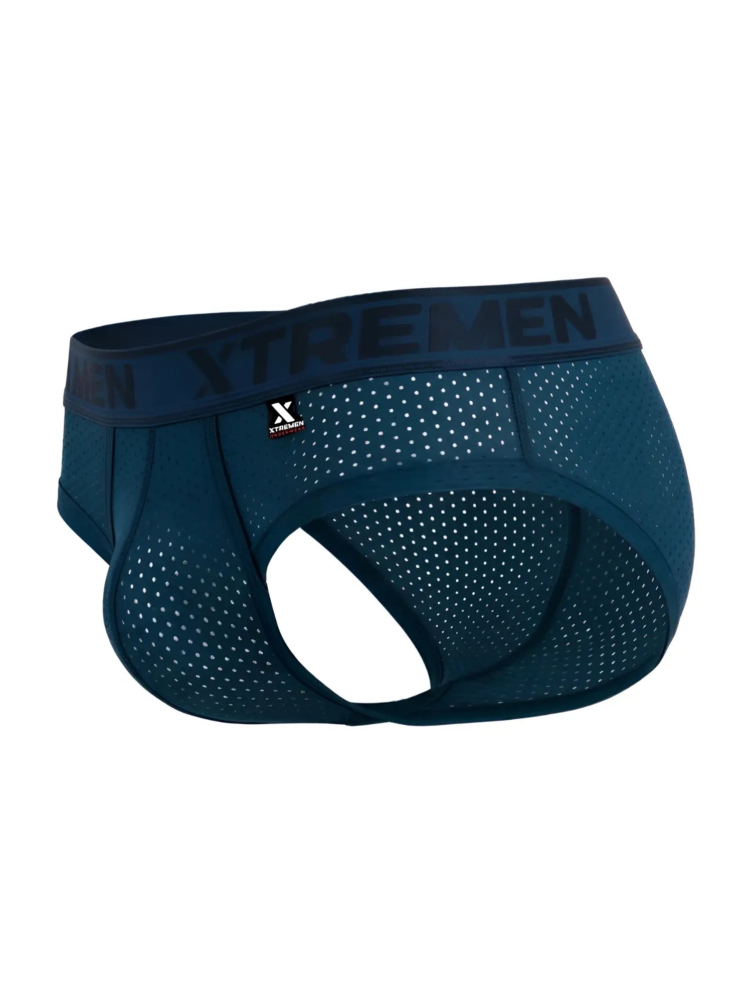 Dark teal xtremen 91250 microfiber mesh briefs with perforated design and branded waistband for men