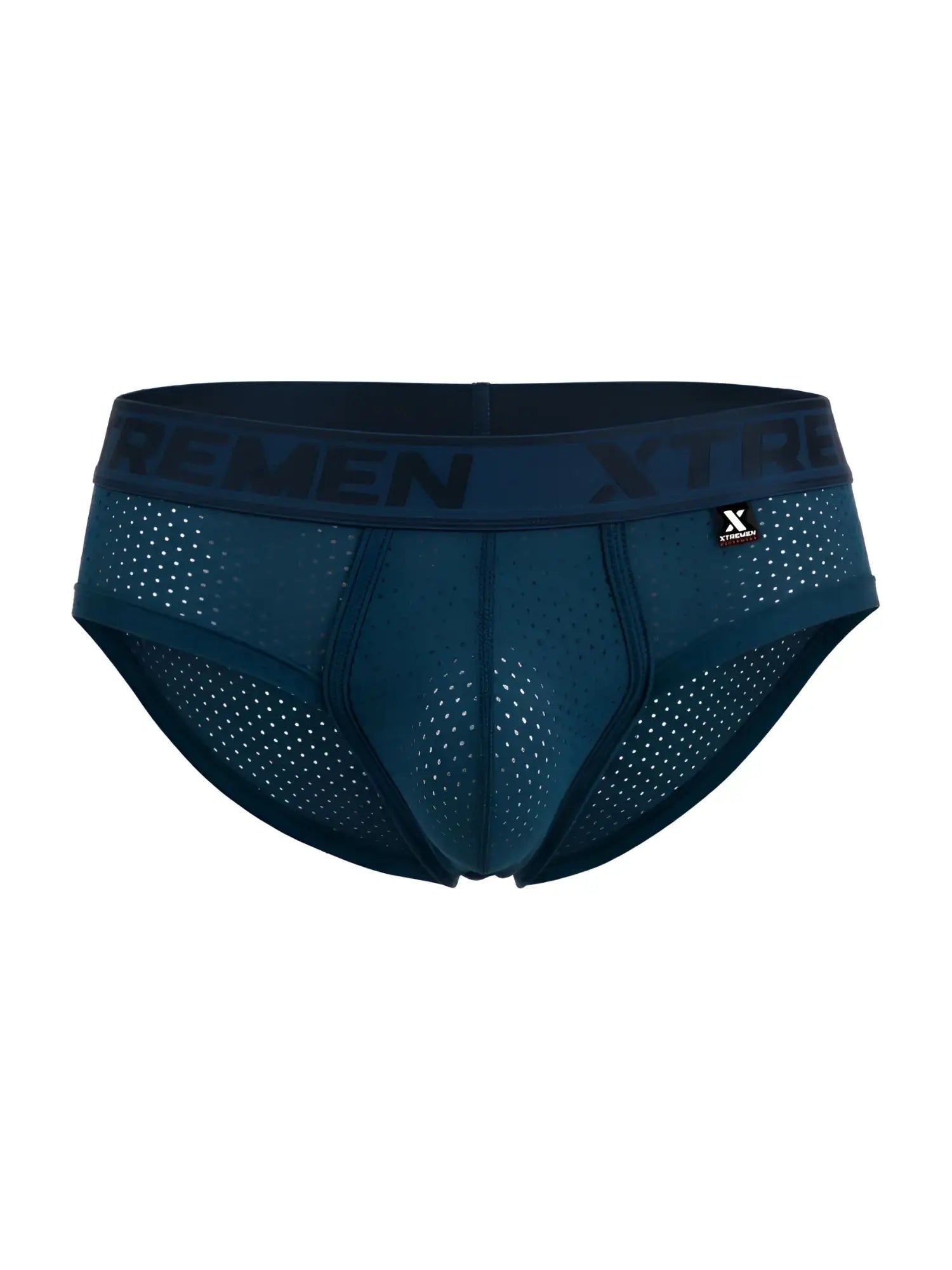 Navy blue breathable microfiber mesh briefs with xtremen branding on waistband in petrol color front view