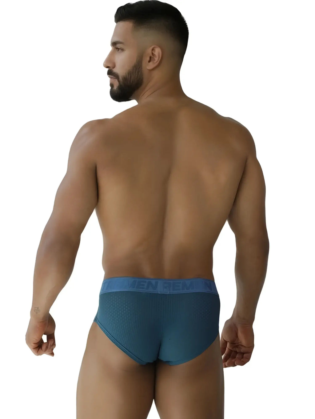 Teal xtremen 91250 microfiber mesh men’s briefs with matching elastic waistband featuring men branding in light blue