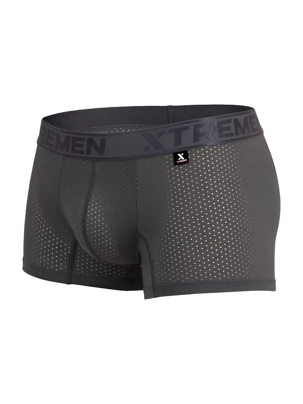 Dark gray breathable microfiber mesh boxer briefs with perforated design and xtrememen elastic waistband