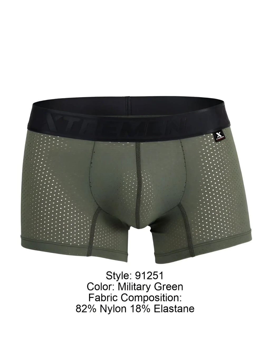 Military green Xtremen microfiber mesh boxer briefs with black elastic waistband and x shaped brand tag
