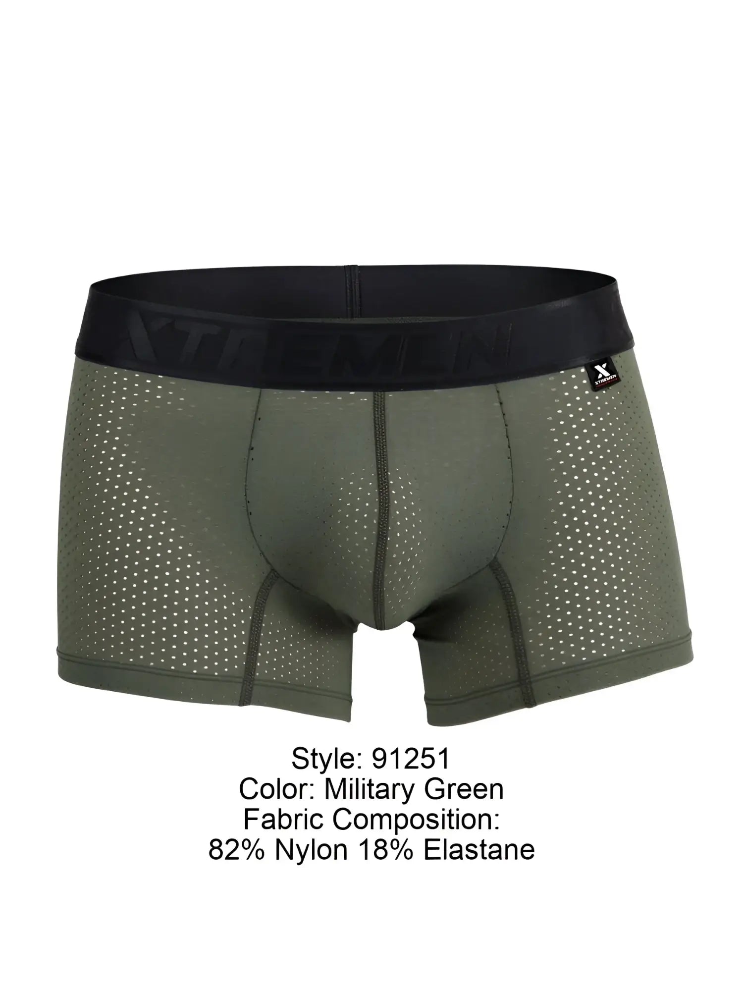Military green Xtremen microfiber mesh boxer briefs with black elastic waistband and x shaped brand tag