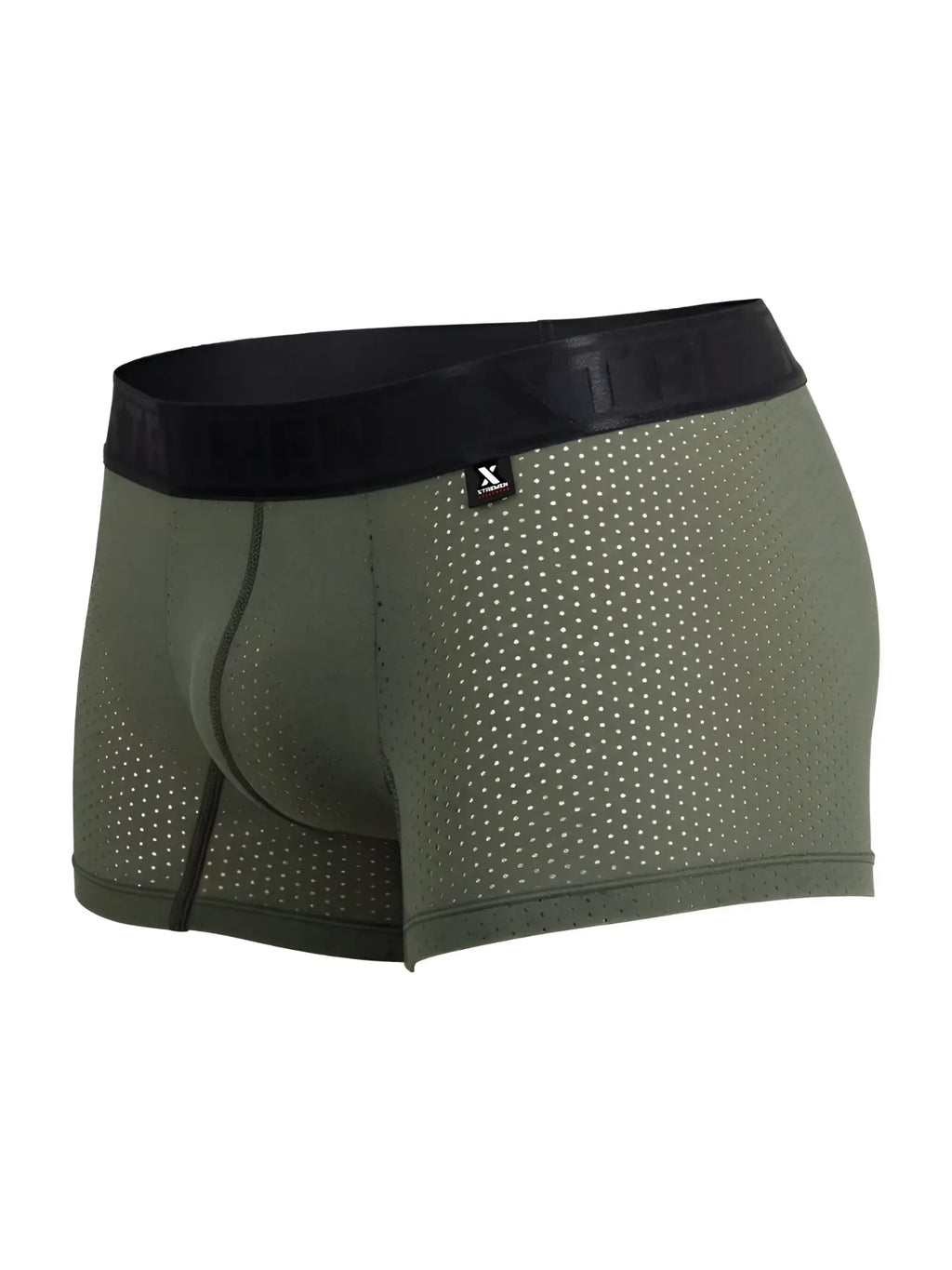 Xtremen 91251 microfiber mesh boxer briefs in military green with perforated olive fabric and black elastic waistband