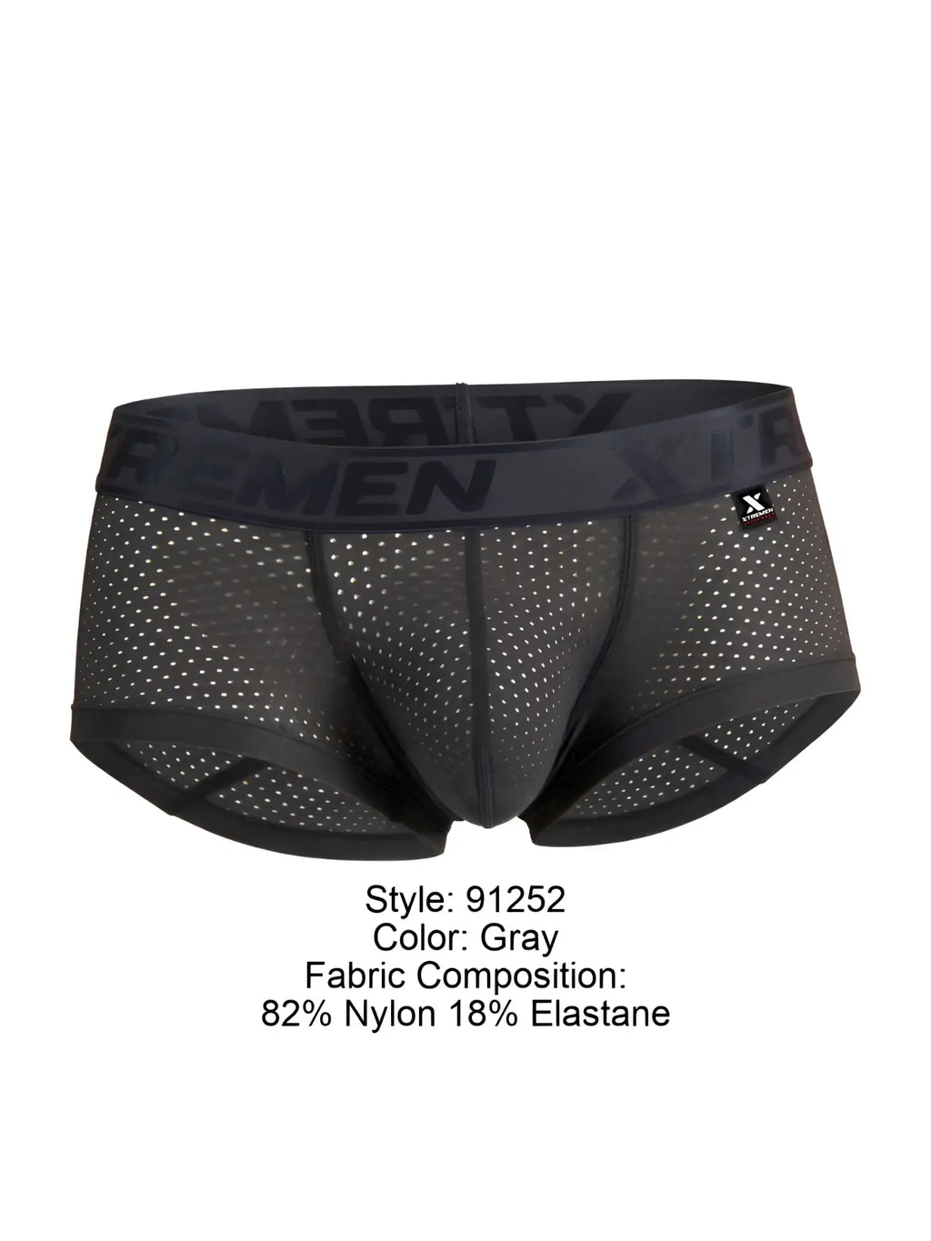 Gray microfiber mesh briefs with black elastic waistband featuring xtremen logo and x shaped brand tag visible