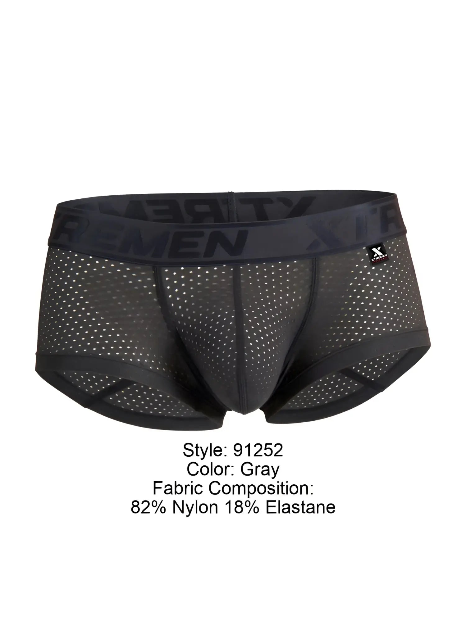 Gray microfiber mesh briefs with black elastic waistband featuring xtremen logo and x shaped brand tag visible
