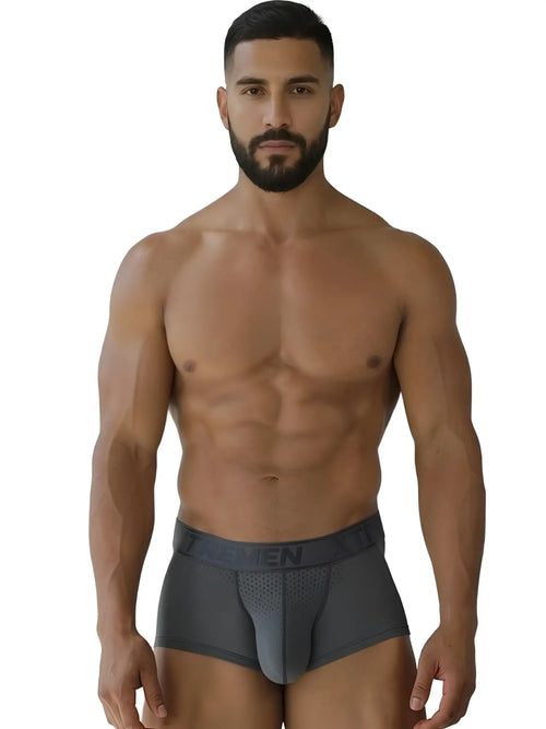 Dark gray xtremen 91252 microfiber mesh boxer briefs with perforated front panel and elastic ten brand waistband