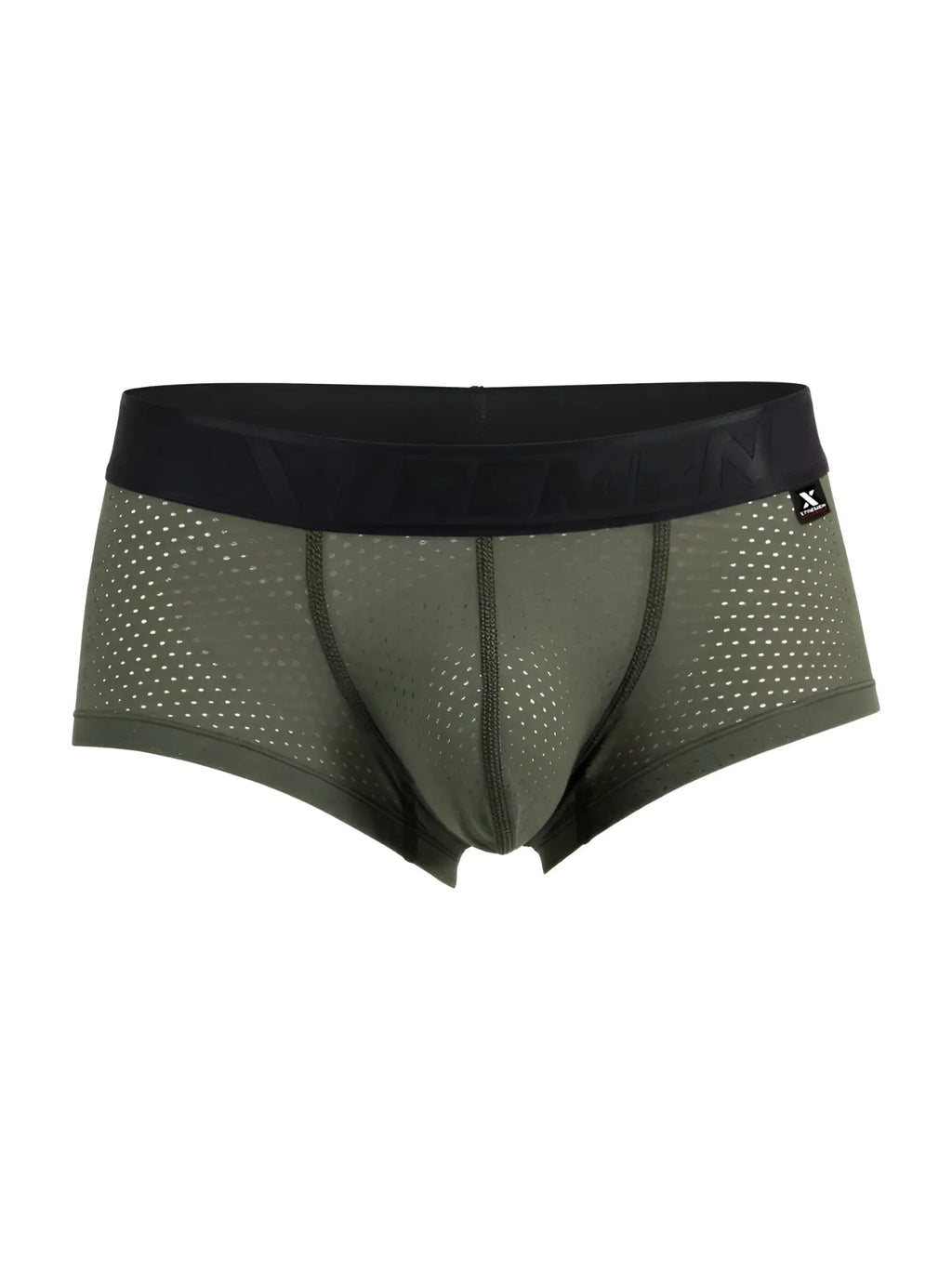 Xtremen 91252 microfiber mesh trunks in olive green with black elastic waistband featuring brand logo