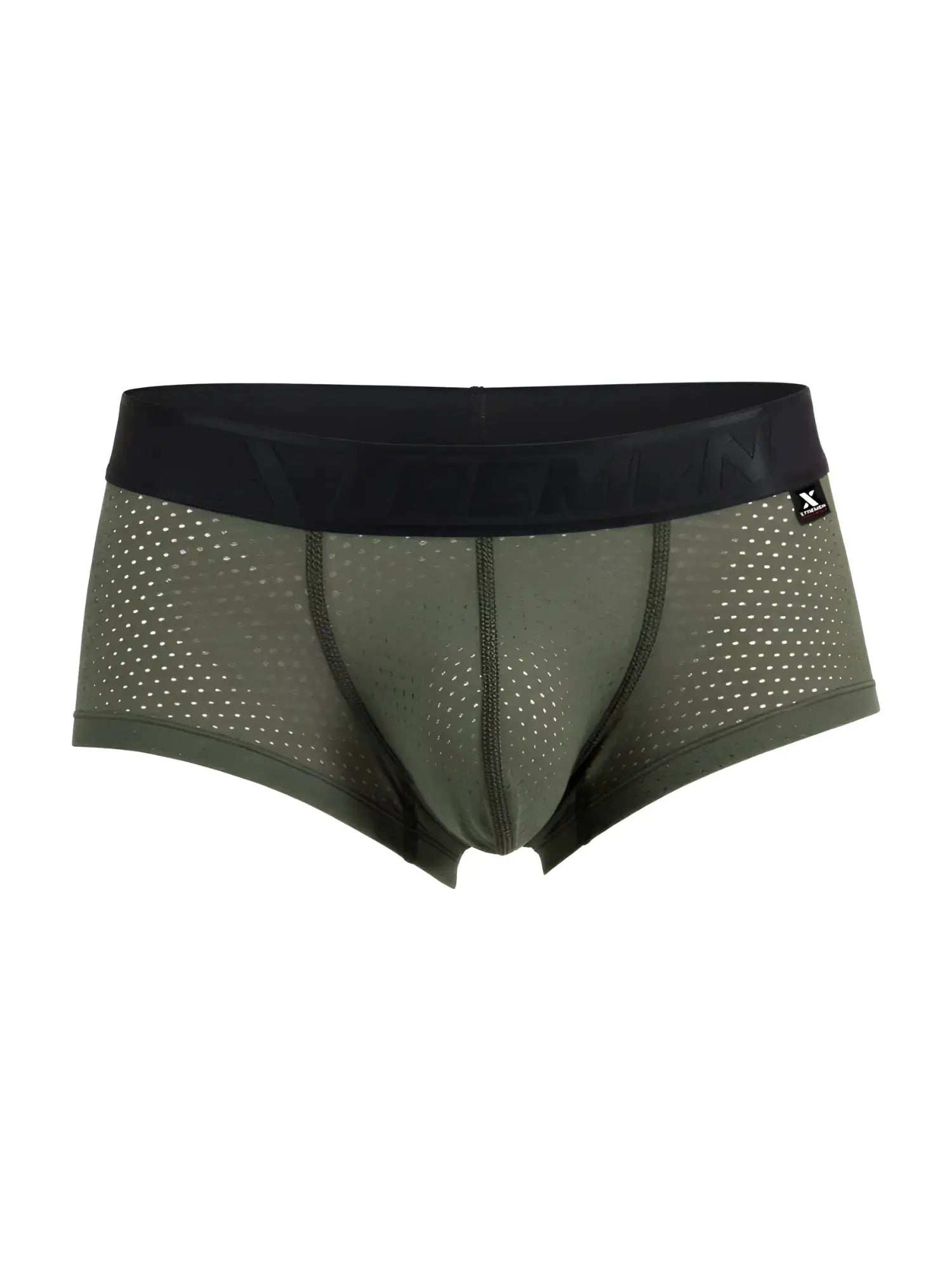 Xtremen 91252 microfiber mesh trunks in olive green with black elastic waistband featuring brand logo