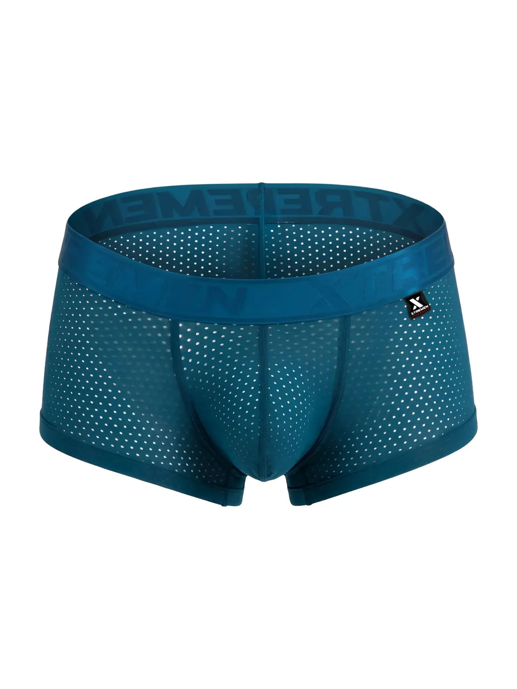 Teal mesh boxer briefs with solid waistband featuring extreme brand name and x logo patch in petrol color microfiber