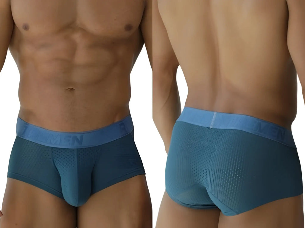 Teal mesh men’s briefs with solid blue waistband featuring men branding microfiber trunks petrol color